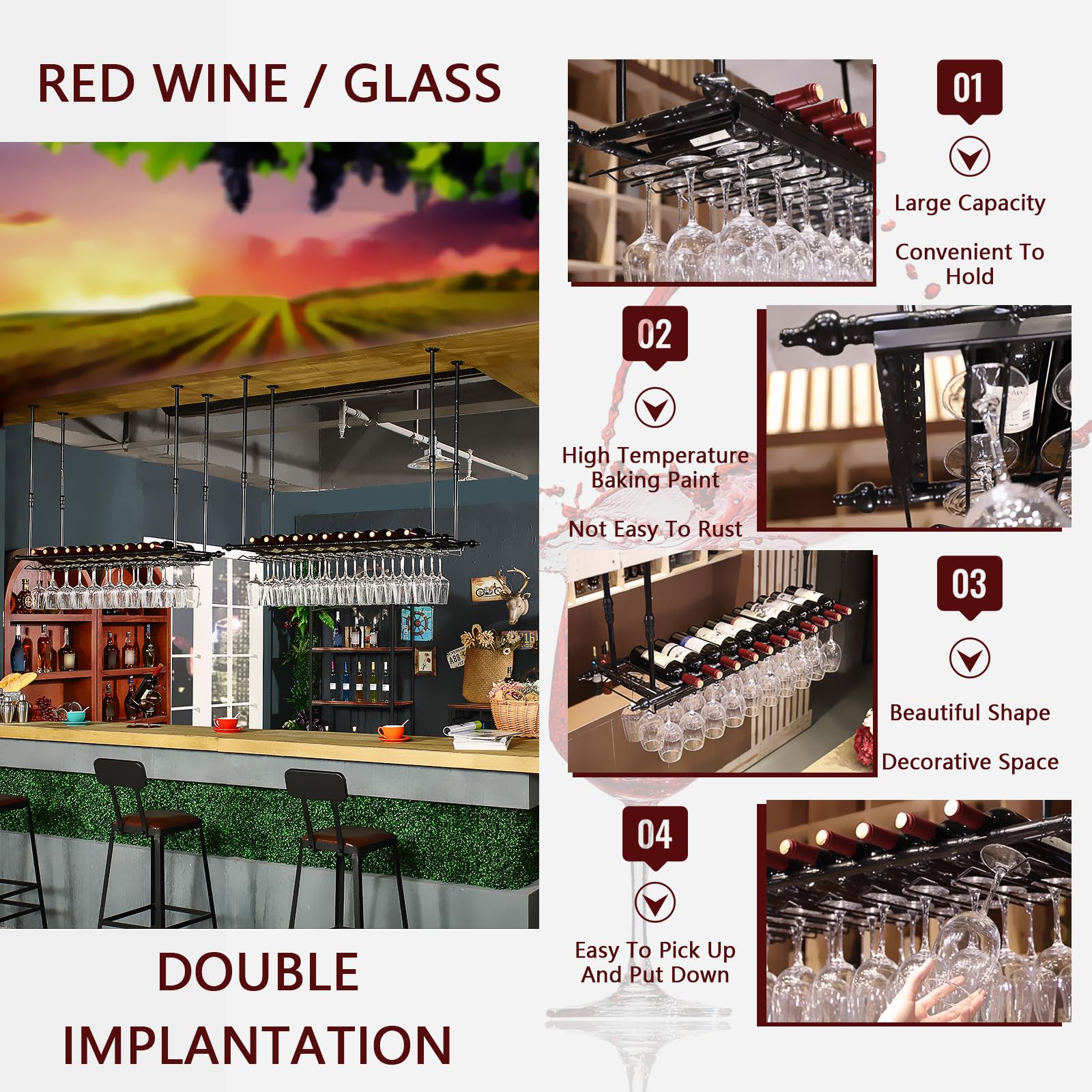 Suspendu Casiers à Bouteille et Porte-Verres Hauteur RéGlable, Porte Bouteilles en Métal, Montage au Plafond Paniers à Vin pour Famille Cuisine/Restaurant Hôtel/Bar (BK, 120x30x(30-60) cm)