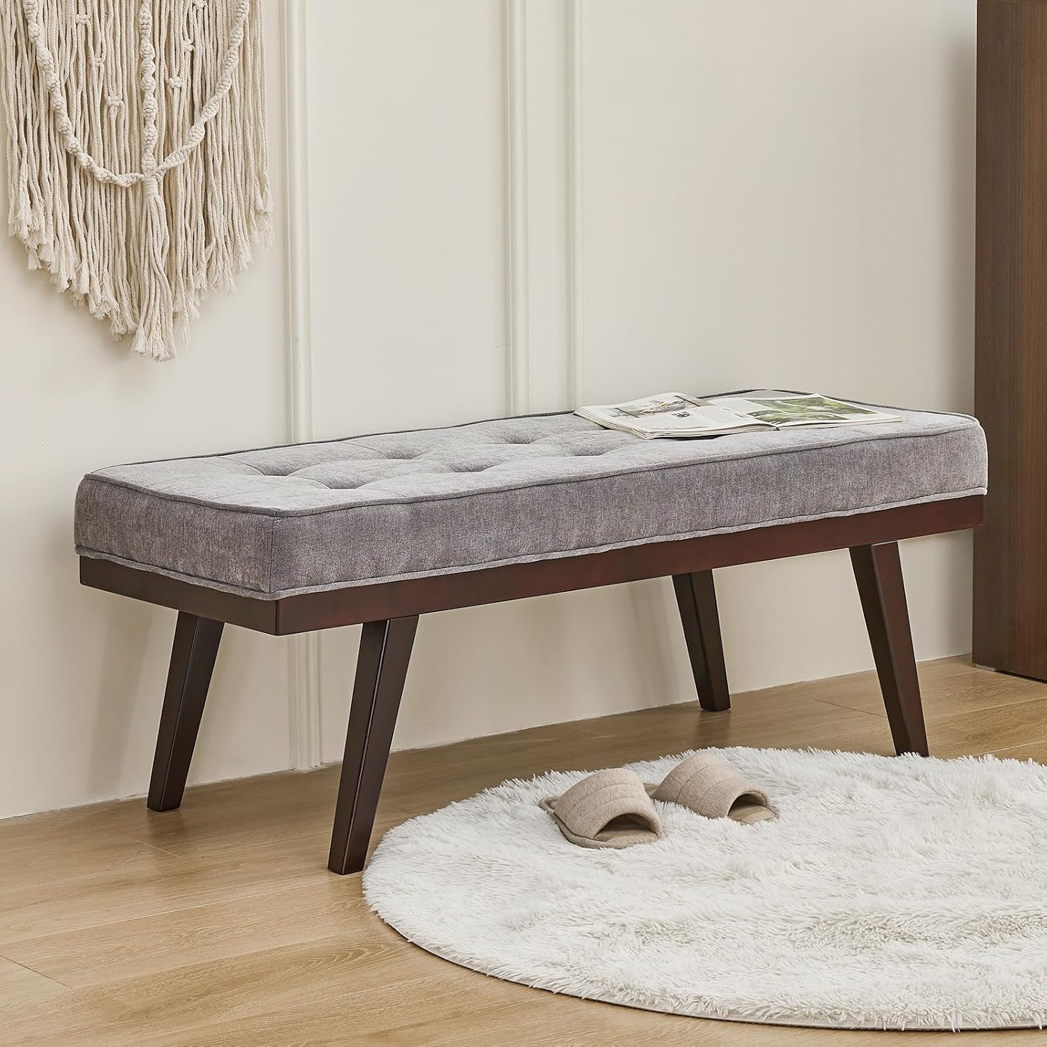 Entryway Bench, 47.2" Grey Rubberwood Bench for Bedroom with Padded Cushion, Ottoman End of Bed with Solid Wood Legs for Living Room, Foyer, Dining Room, Hallway, Loads 300 lb, 47.2" L x 17" W x 17" H Gray-chenille