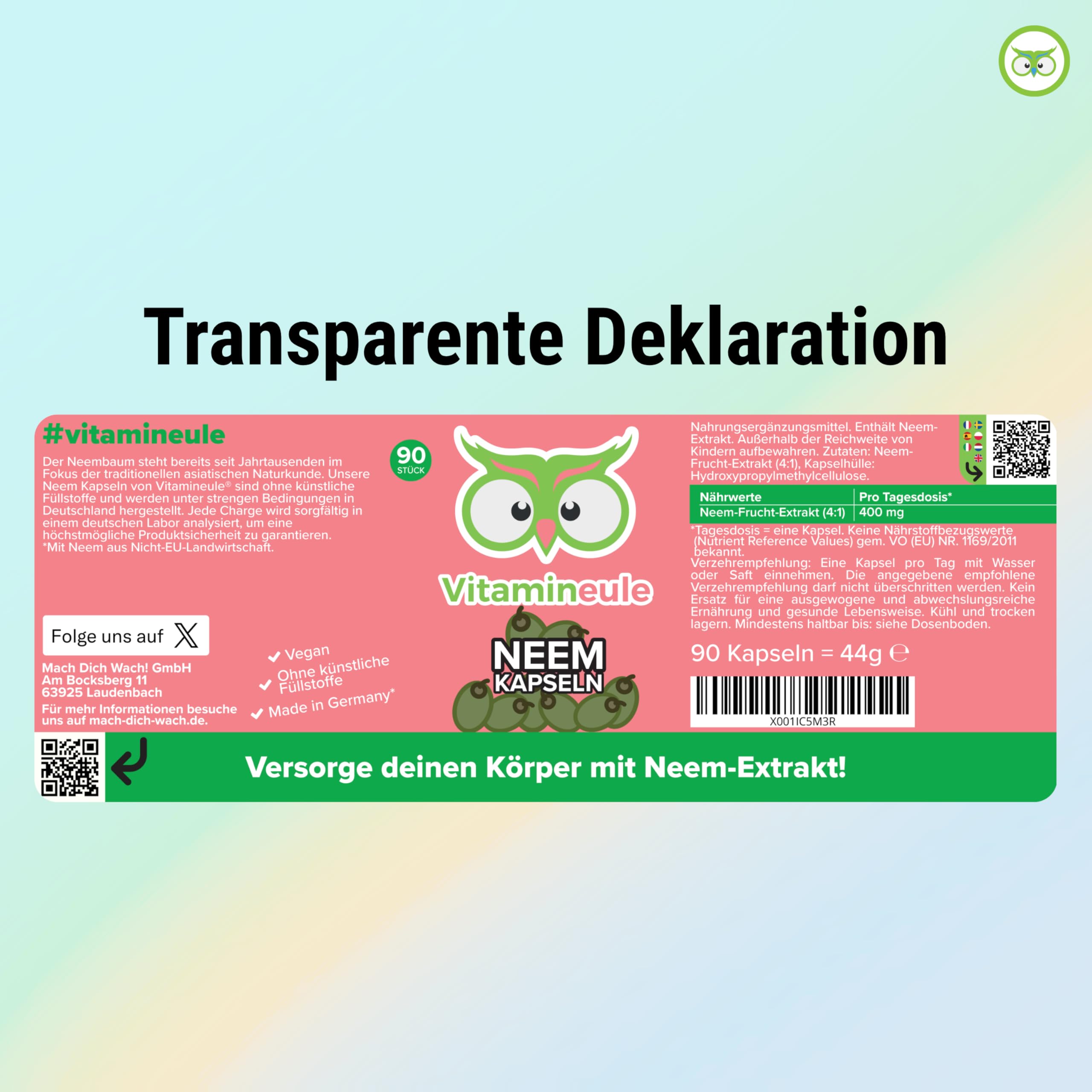 Neem Kapseln - hochdosiert 1600 mg (400 mg 4:1 Extrakt) - bioaktiv & vegan - Produktion in Deutschland - laborgeprüft - Niem ohne Zusatzstoffe - Frucht-Extrakt aus dem Neembaum - Vitamineule®