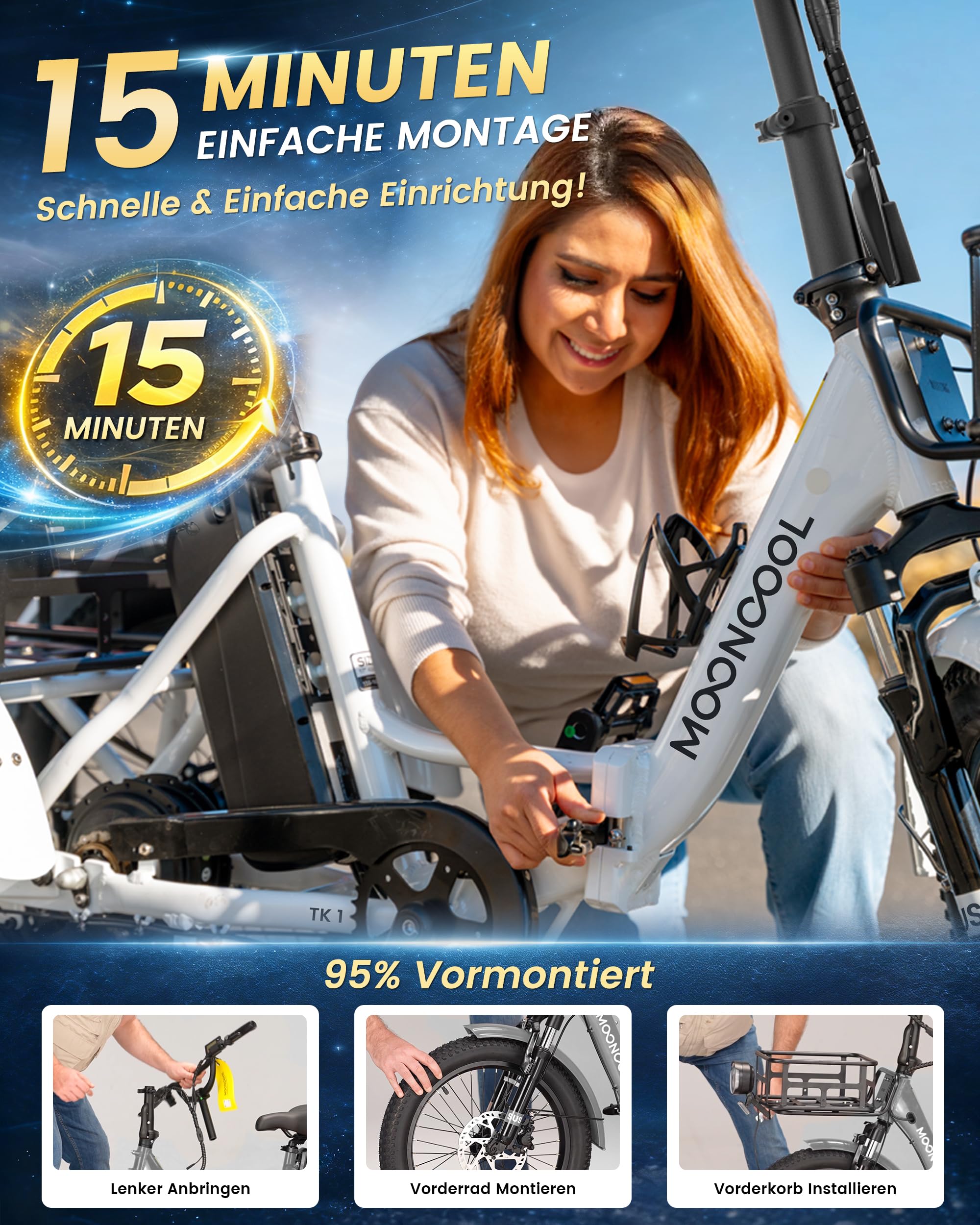 MOONCOOL E Bike Klapprad, 20" Elektrofahrräder für Herren Damen, 36V 20AH Akku, 250W Motor 45 Nm, LCD-Display, IP65 Wasserdicht, 3 Fahrmodi, mit Großen Körben & Fußstützen