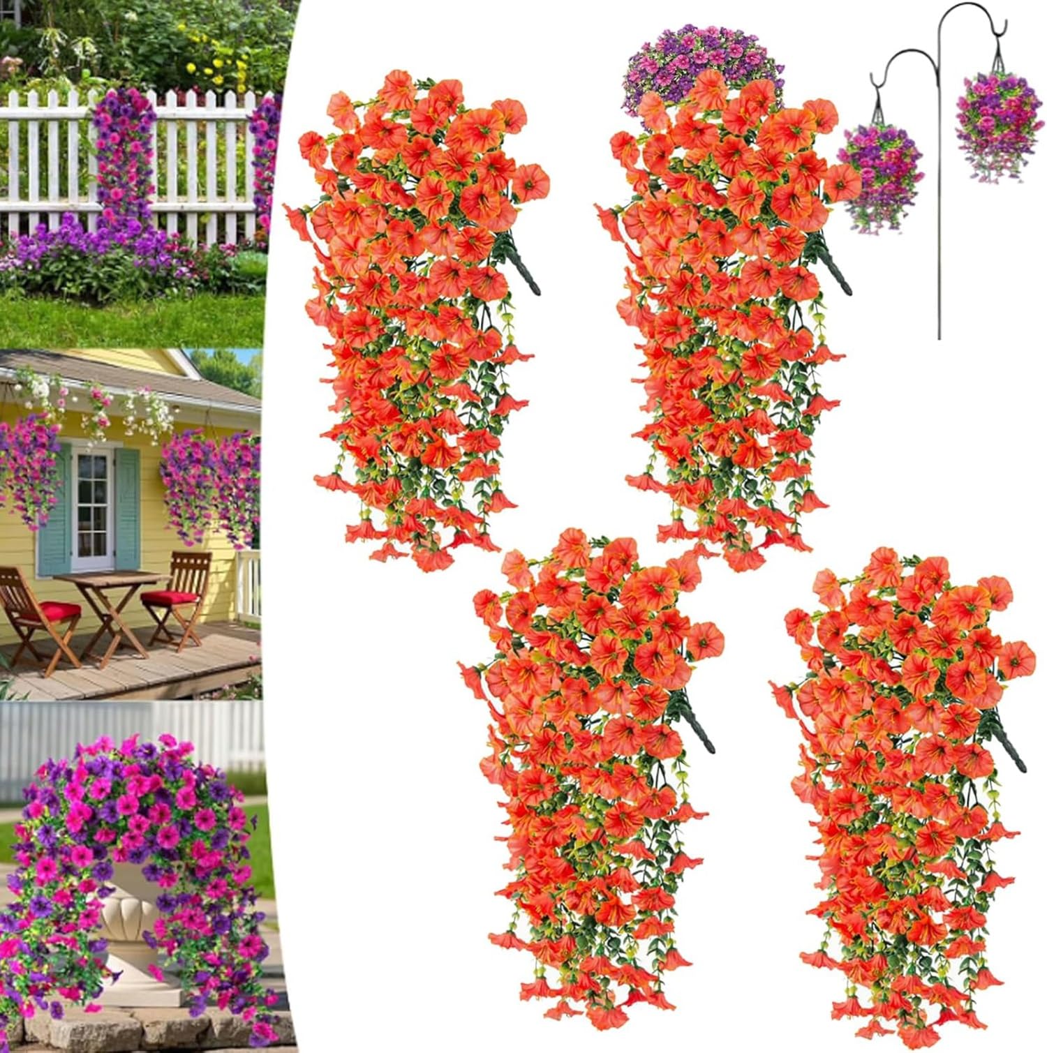 DAO-UPPSE Fade-Resistant Hanging Artificial Silk Morning Glory Vine, With Eucalyptus Leaves For Outdoor Porch Decor(Orange)
