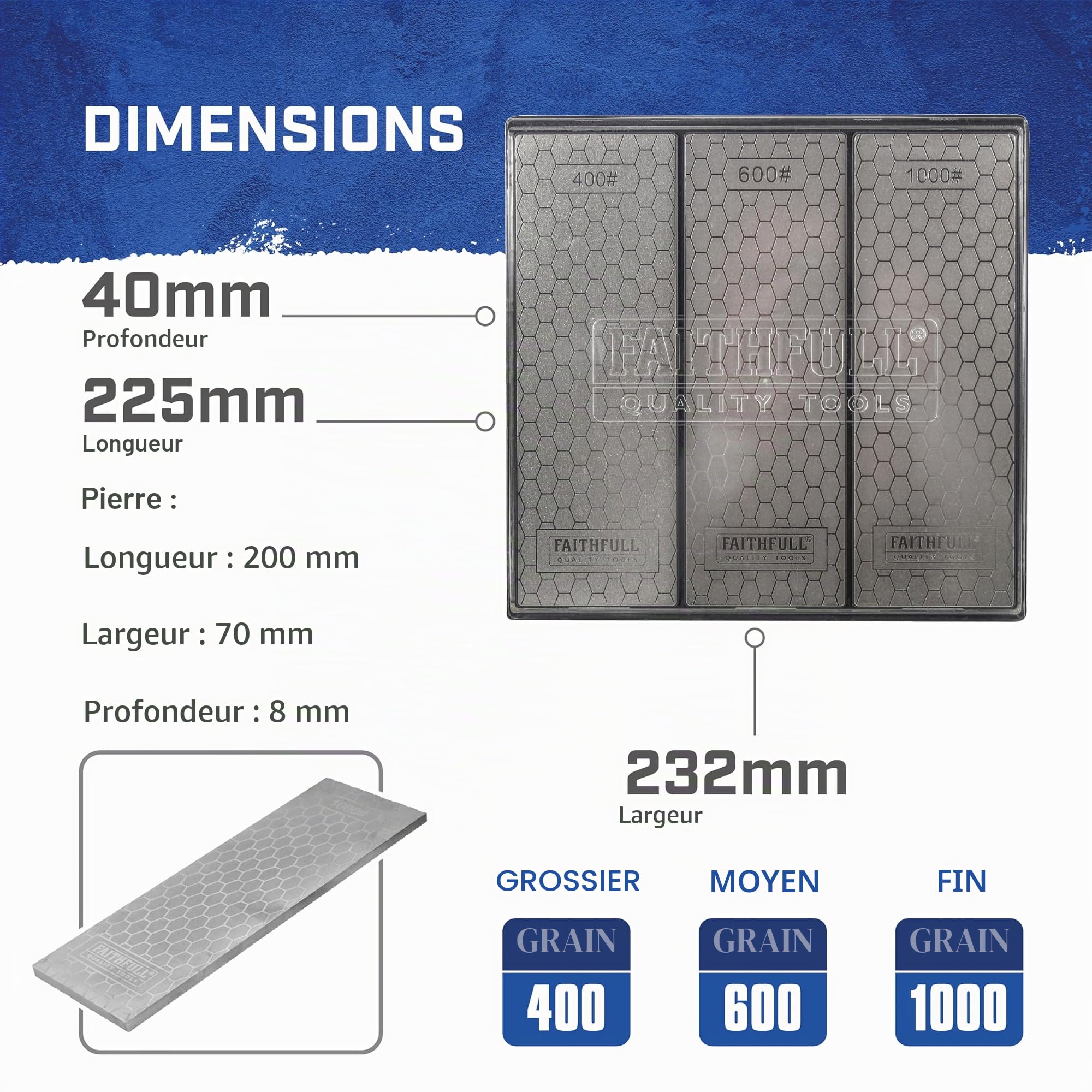 Kit de pierres à aiguiser diamantées Faithfull – Système d'affûtage 3 en 1 avec pierres à grain 400G / 600G / 1000G pour couteaux, ciseaux, outils de coupe
