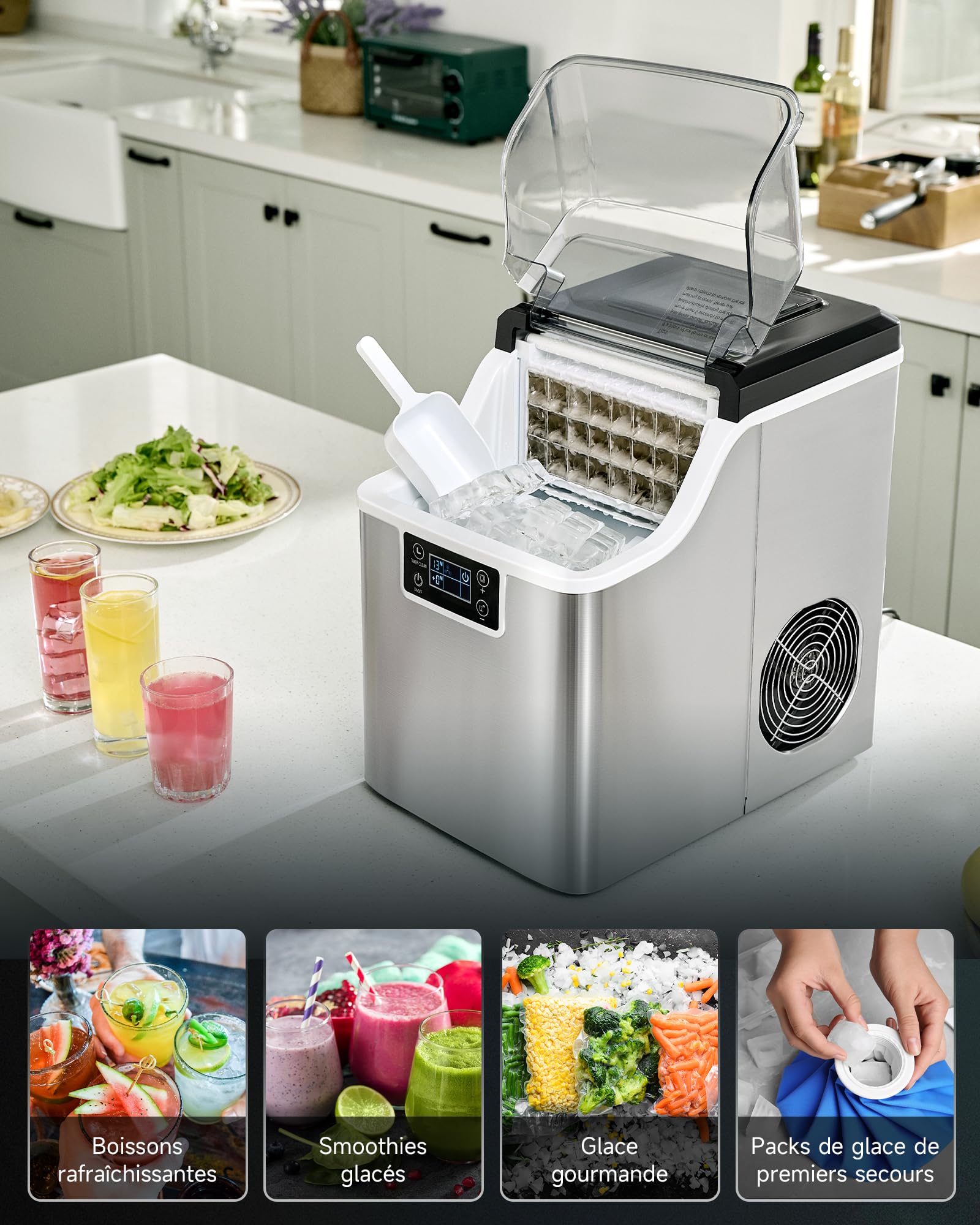 CO-Z Machine à Glaçons 22kg en 24H, 24 Glaçons en 11-20 Minutes, Ice Maker 160W Réservoir d’Eau 3,2L Fonction Auto-Nettoyage, avec Pelle et Panier à Glaçons, Portable pour Maison Bureau Bar Restaurant