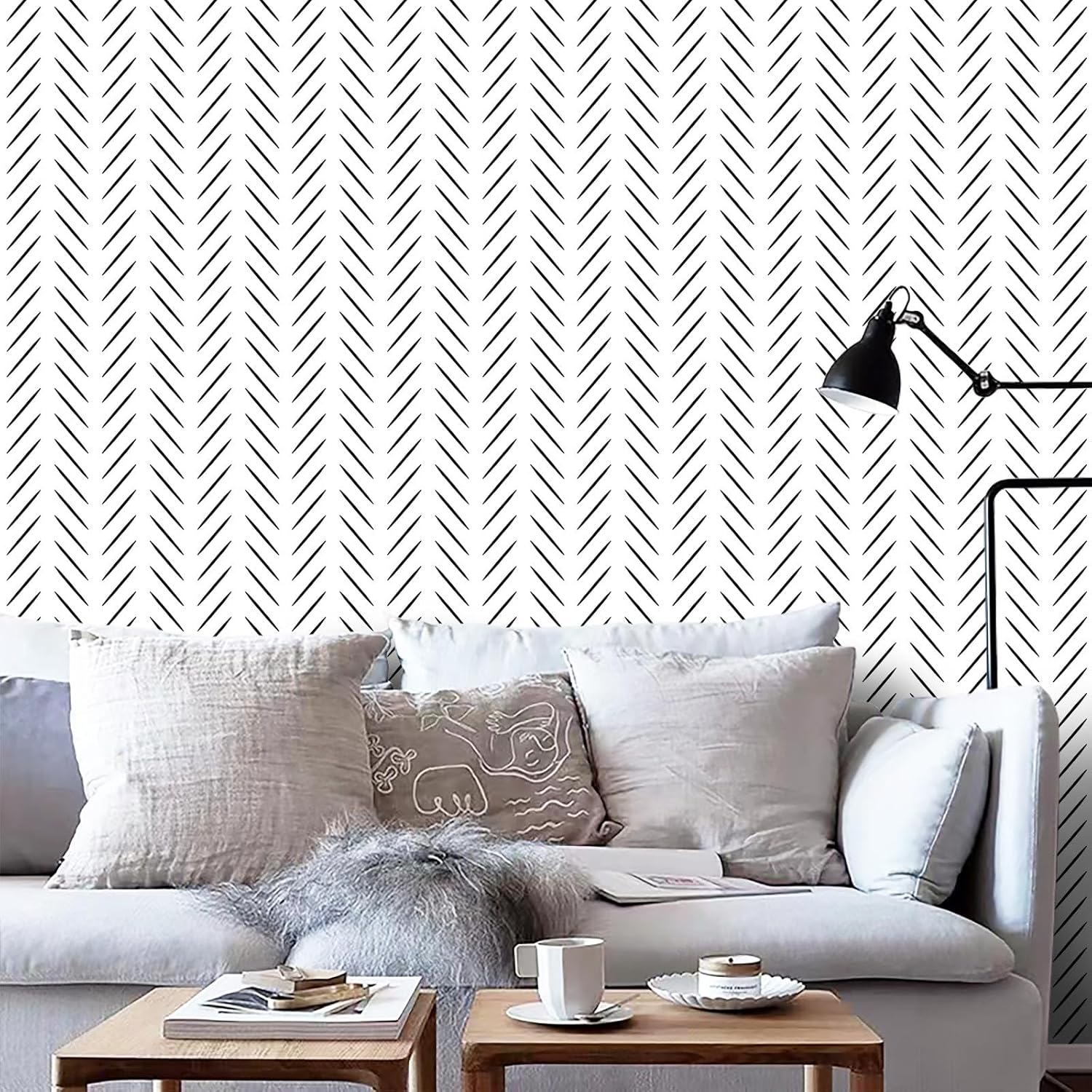 Yun-aeon 17.5" X 120" Black and White Herringbone Peel and Stick Wallpaper Modern Contact Paper Geometric Removable Wallpaper Self Adhesive Wall Paper for Bedroom Drawers Cabinets Decor Vinyl