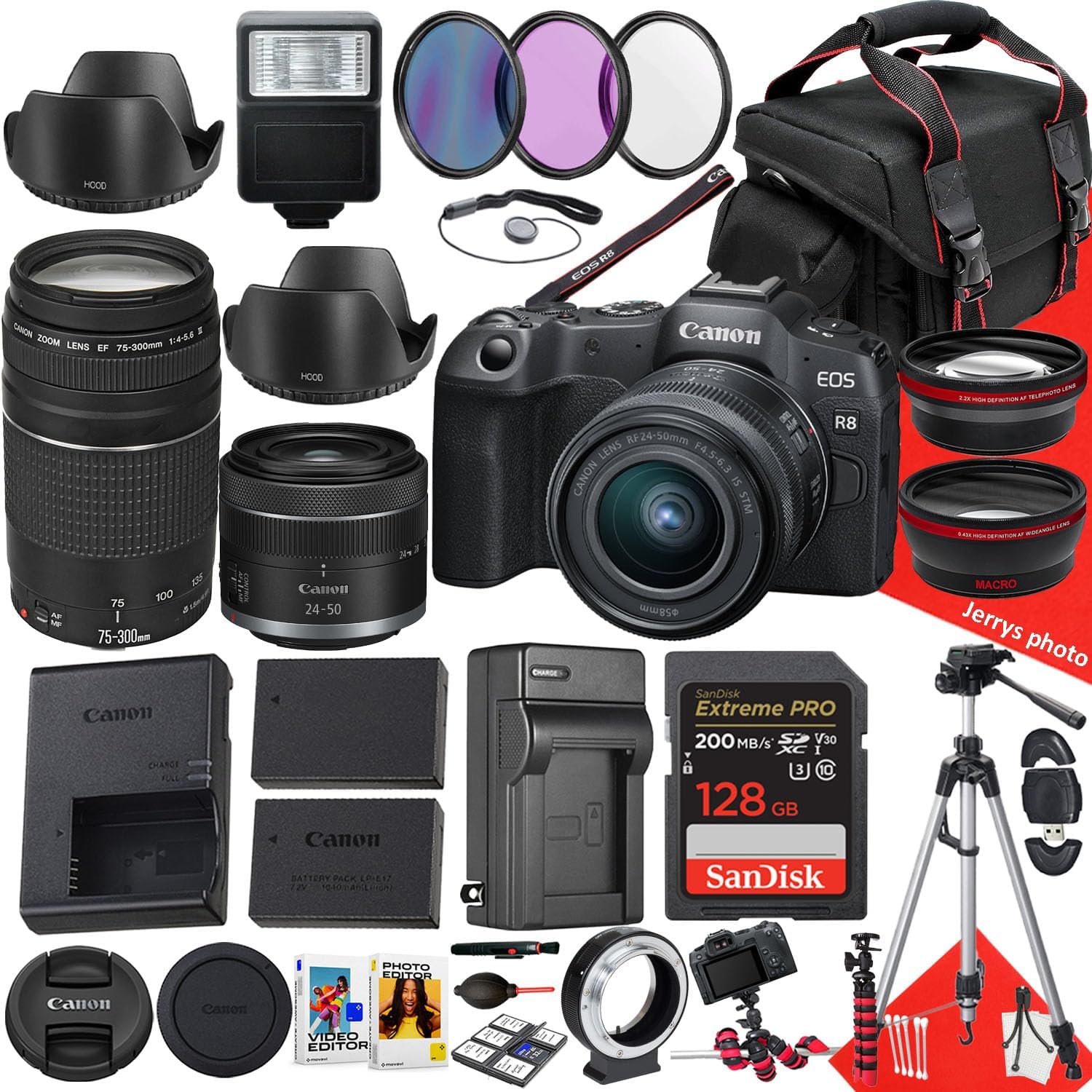 Canon EOS R8 Mirrorless Camera with 24-50mm and 75-300mm Lens + 128 GB Memory + Hood + Spare Travel Charger + Filters + Tripod + More (32pc Bundle), Black (Renewed)