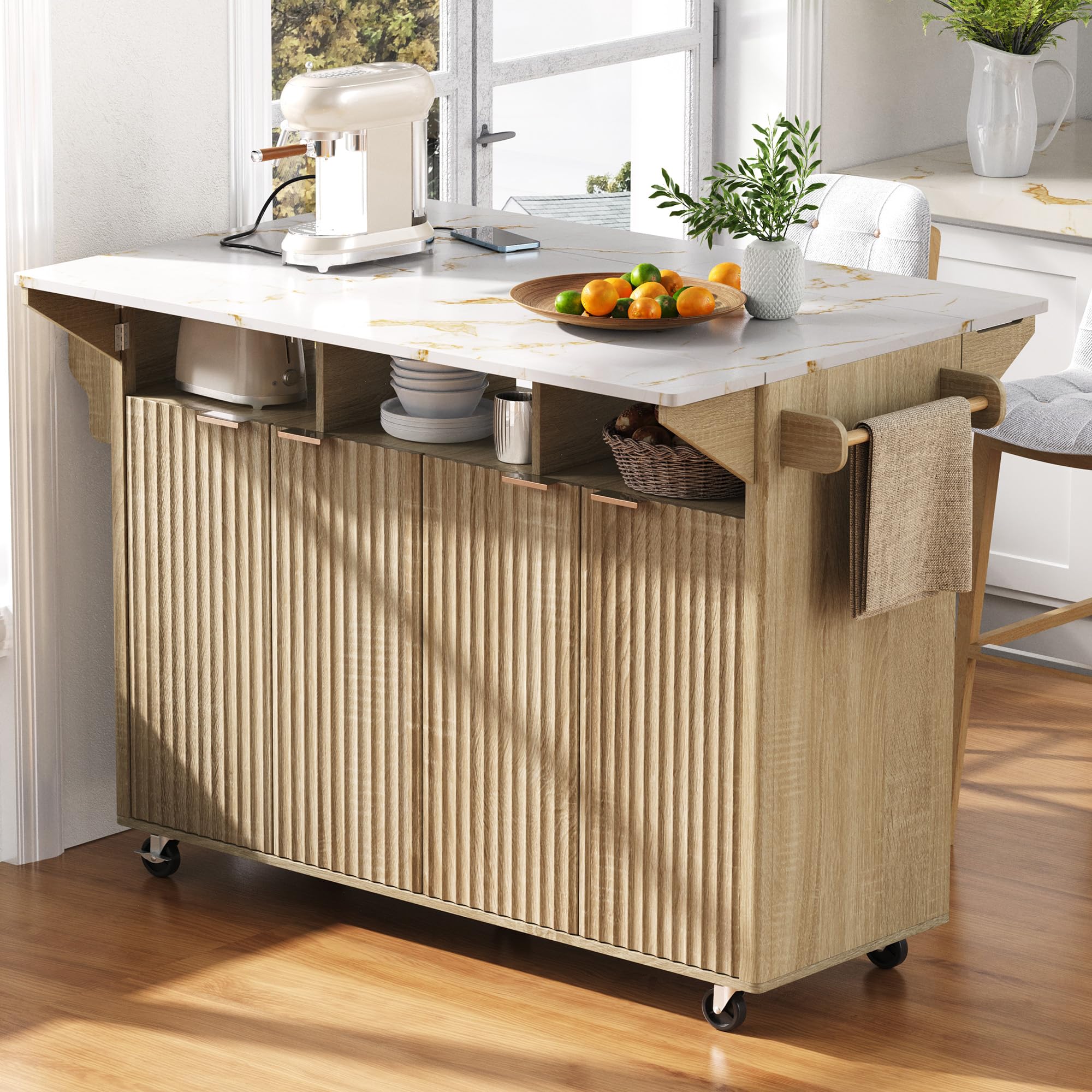 Polibi 55.5" Natural Kitchen Island with Power Outlet, 2 Drop Leaves, 4 Doors & Spice Rack, Rolling Storage Cart with Faux Marble Top, Curved Edge