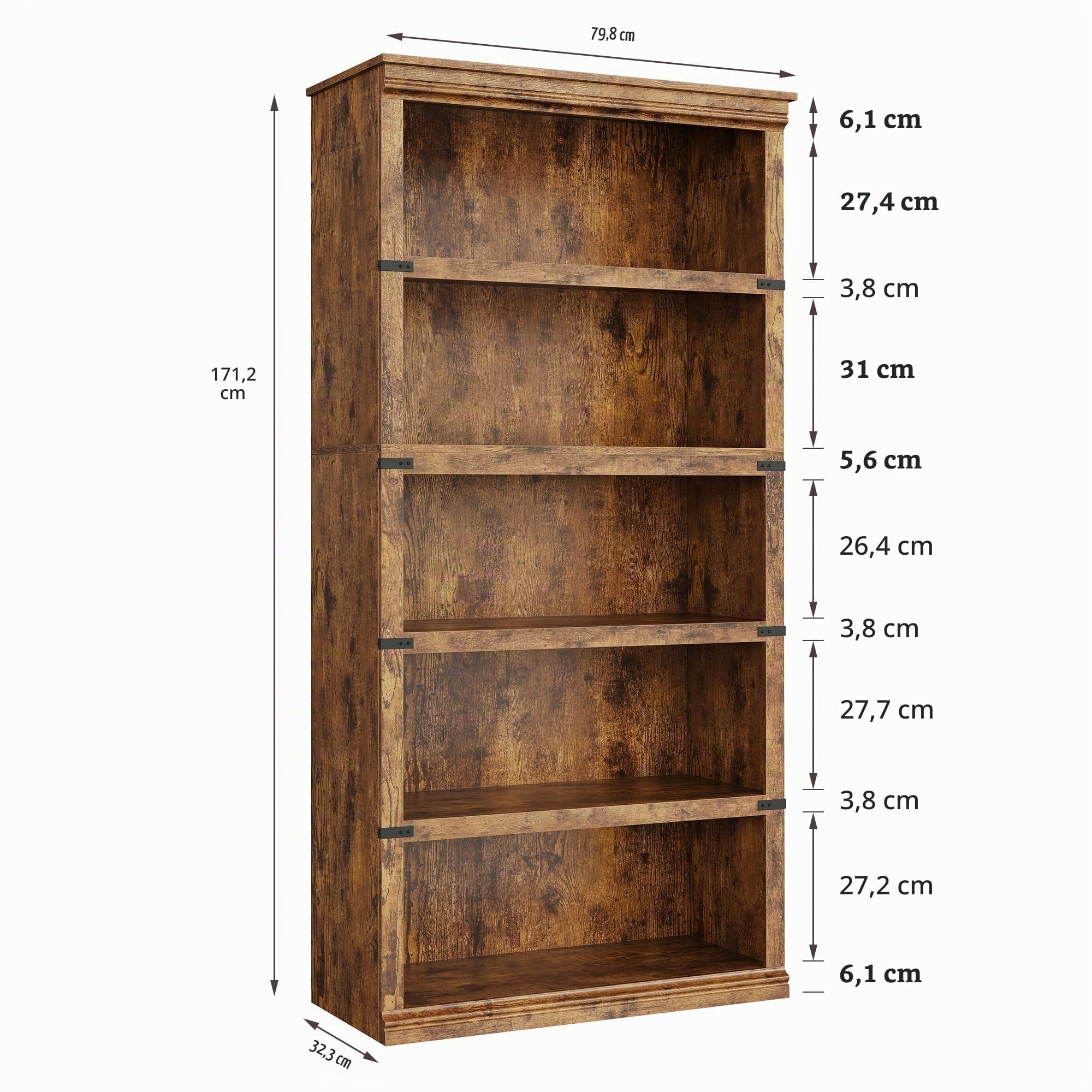 Zstar Dunkle Eiche Retro-Stil Bücherregal - Modernes Freistehendes Display-Speicherregal, 32'' Breites Freistehendes Holzregal, Offenes Fach, Wohnkultur Möbel Für Büro Und Bibliothek, Retro-Farbe