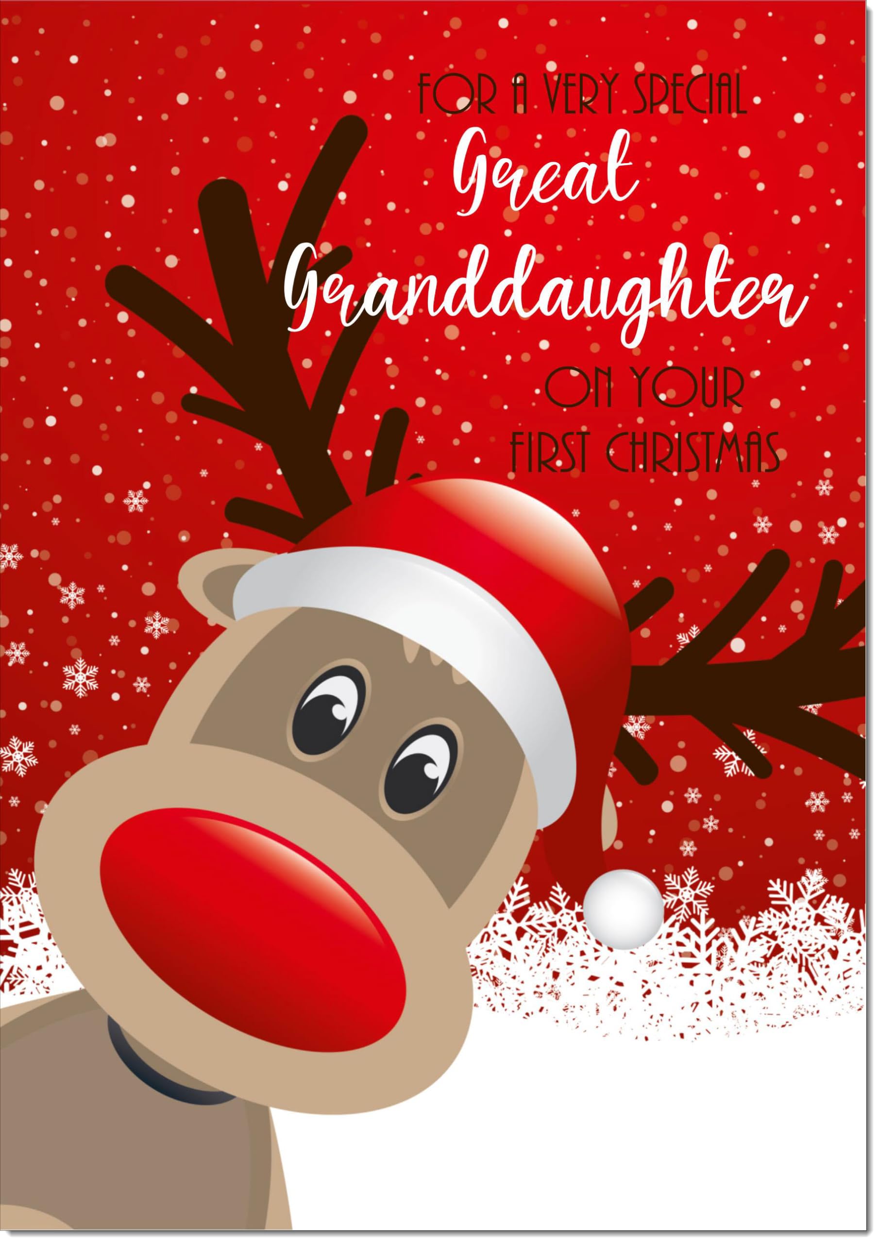doodlecards Great Granddaughters 1st First Christmas Card Rudolph in Snow Large A4 Size Christmas Card for Great Granddaughters 1st with Plain Envelope โ image 1
