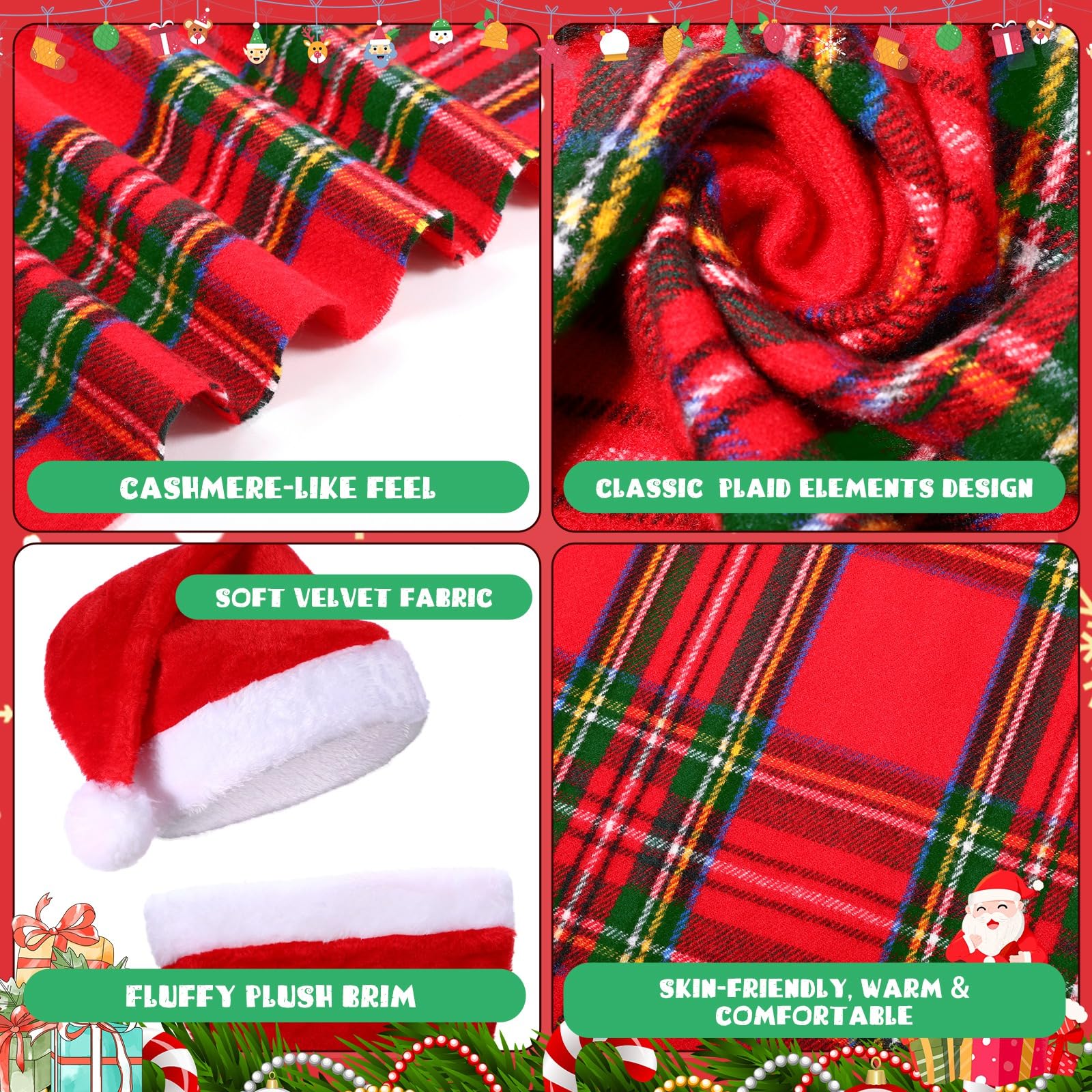 Coume Ensemble bonnet de Père Noël et écharpe pour adultes, écharpe d'hiver à carreaux chaud avec pompon pour homme et femme, cadeaux de vacances