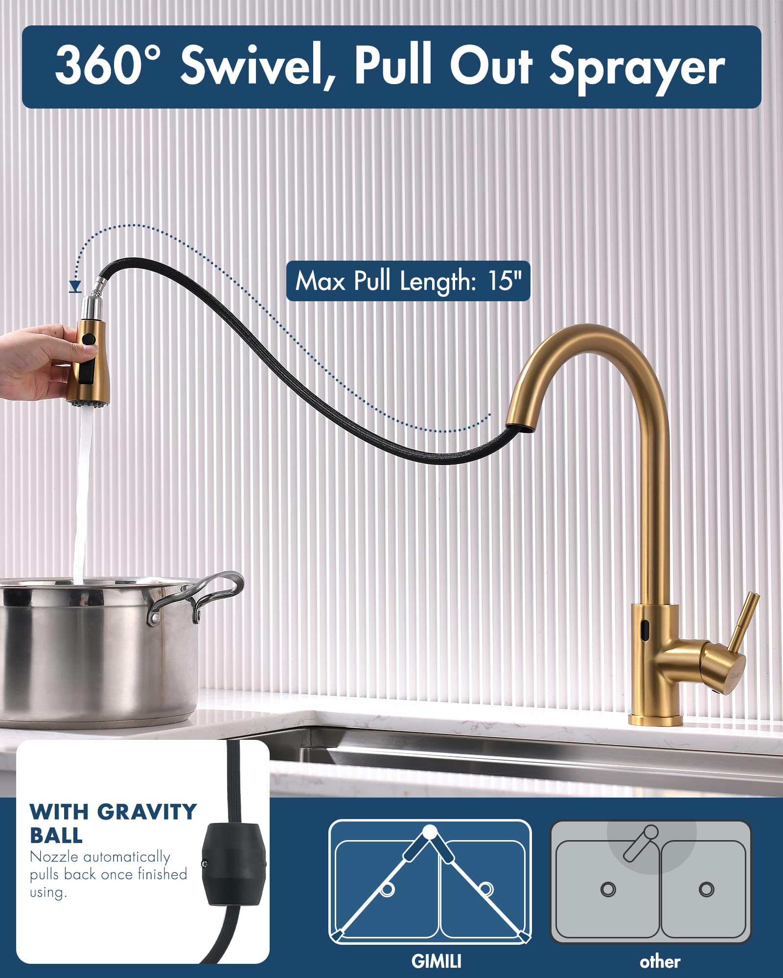 GIMILI Grifo de cocina sin contacto con pulverizador extraíble, oro cepillado | Grifo de fregadero de latón activado inteligente manos libres con sensor de movimiento