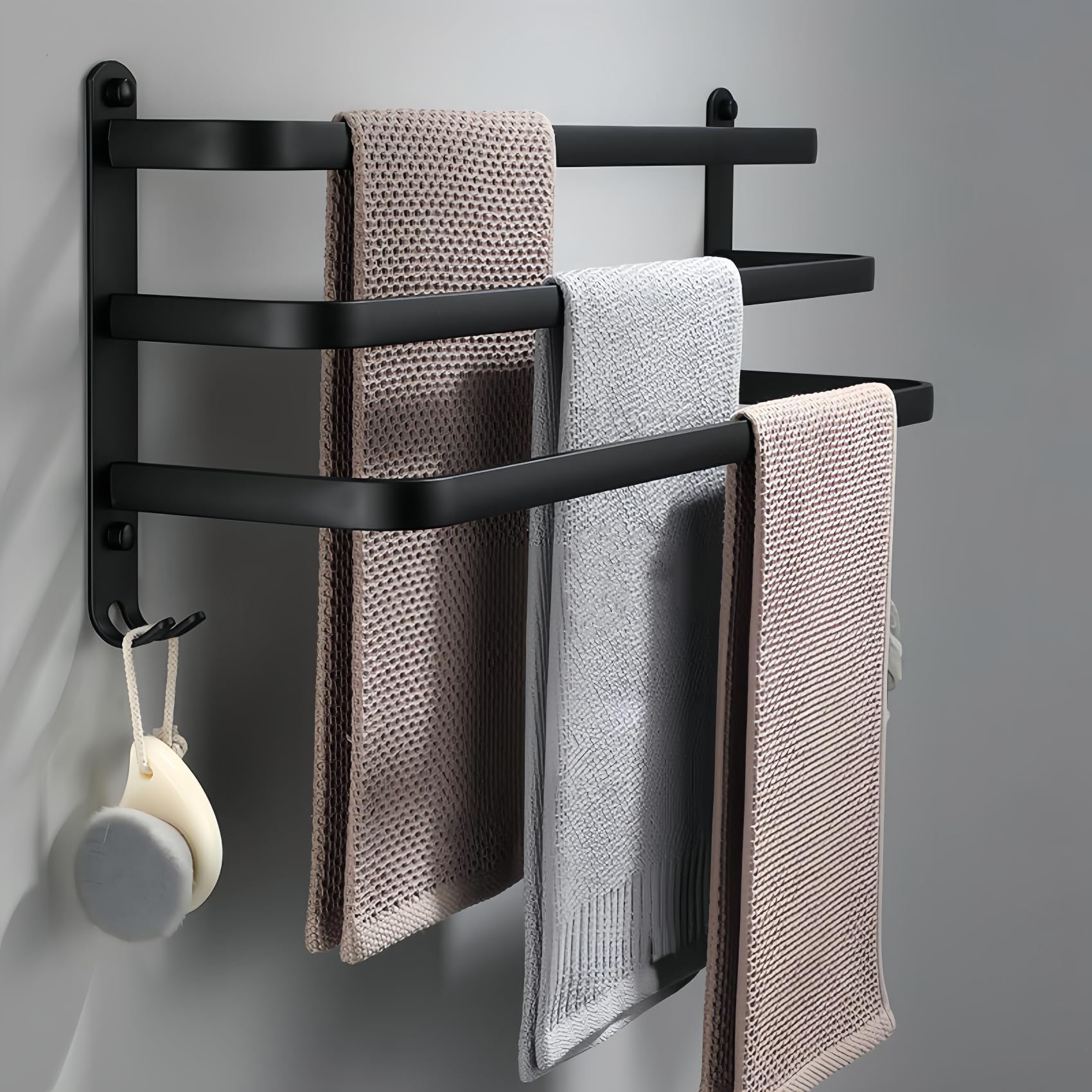yozhch Black Towel Rail with Hooks, 3-Tier Towel Rack Wall Mounted Bathroom Towel Holder
