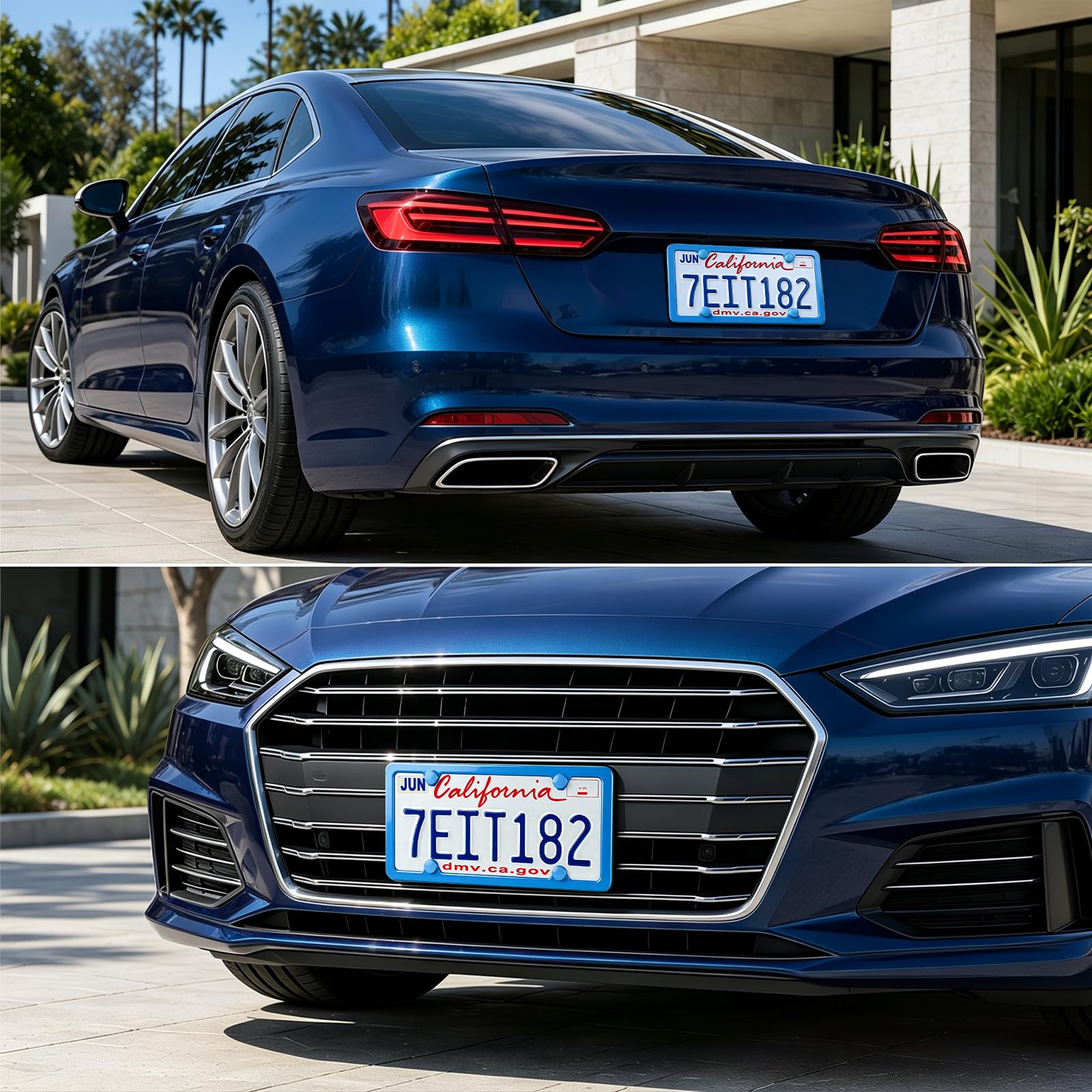 LivTee 4 Löcher Edelstahl Kennzeichenrahmen 2 Stück Auto Kennzeichenabdeckungen Slim Design mit Schrauben Unterlegscheiben Kappen für US-Fahrzeuge, blau