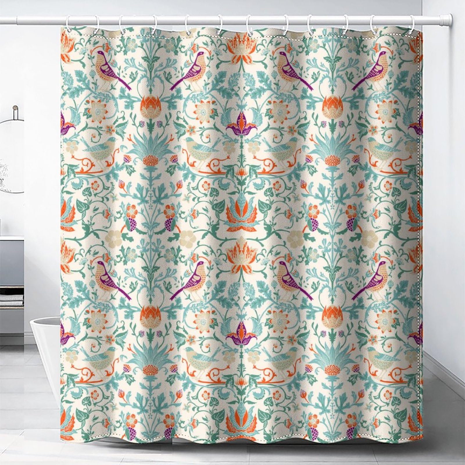DDCBNS William Morris Floral Shower Curtain,Mid Century Vintage Flower Birds Green Plant Abstract Art Print Shower Curtain for Bathroom Decor Fabric