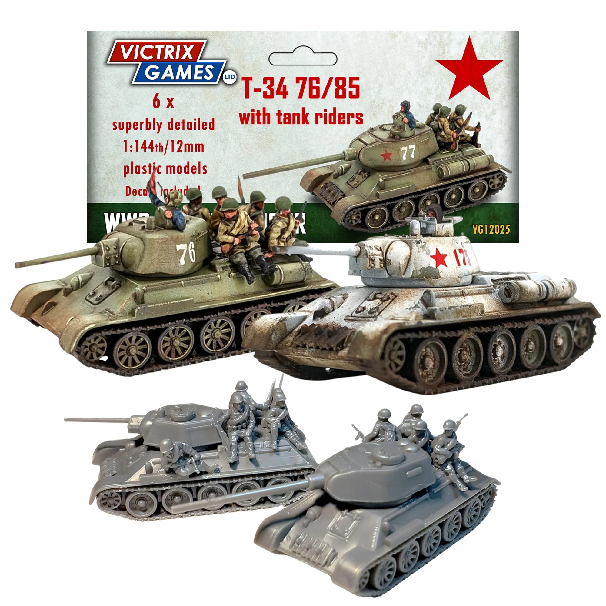 Wargames Delivered - Victrix 1/144 Scale Soviet Tanks T-34/76 & T-34/85 – Set of 6 Highly Detailed 12mm Miniatures – Includes Tank Riders & Turrets for WWII Wargaming