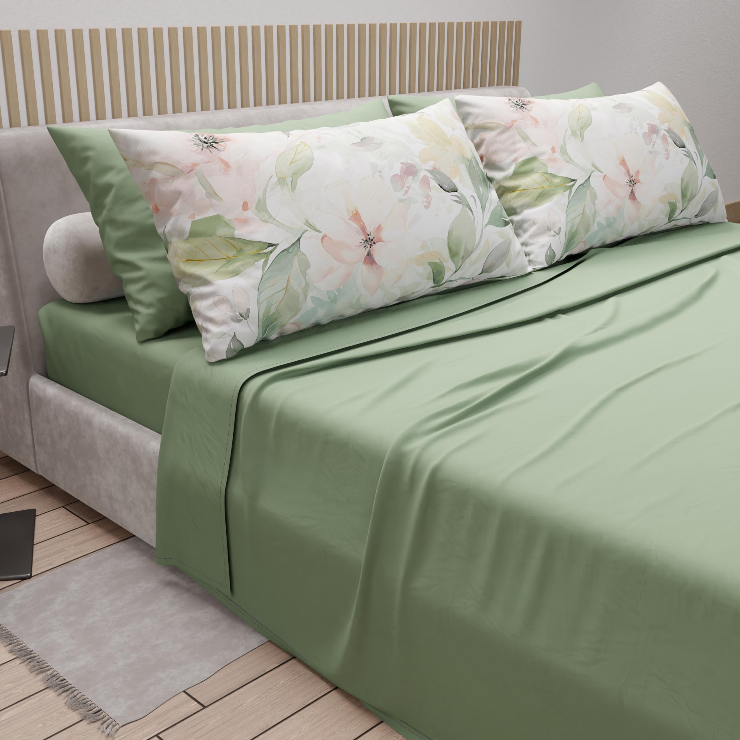 PETTI Artigiani Italiani, Cotton Sheets with Pillowcases in Digital Print, Single Bed Sheet, Single Bed Set, Floral 143 Sage - Image 2