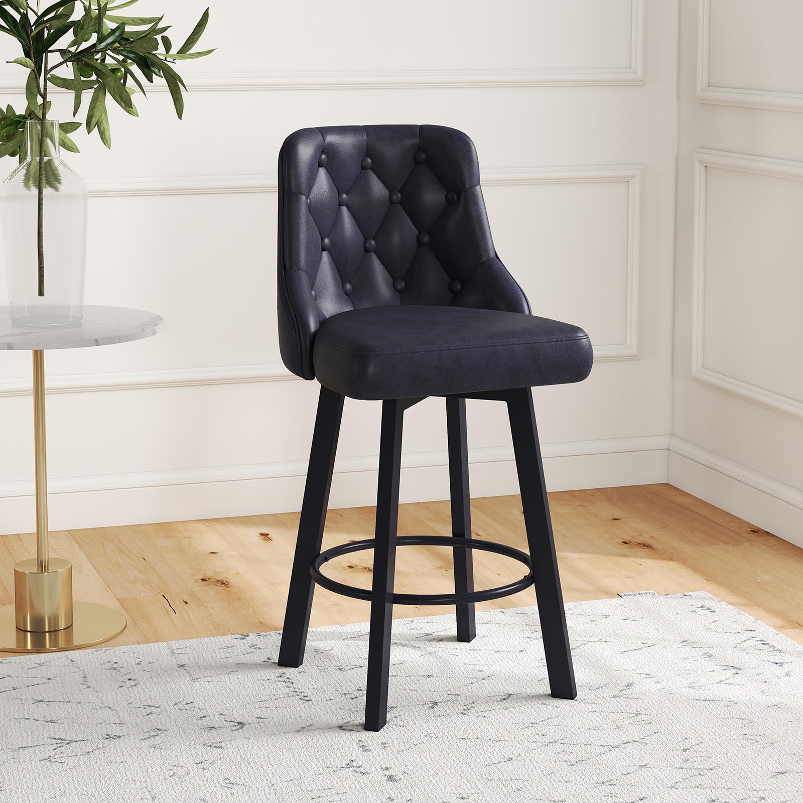 Youhauchair Bar Stool Set of 1, Waterproof PU Leather Bar Stool, 360° Rotating Breakfast Bar Stools with Footrest, Seat Height 66.5 cm, Load Capacity 150 kg, Black