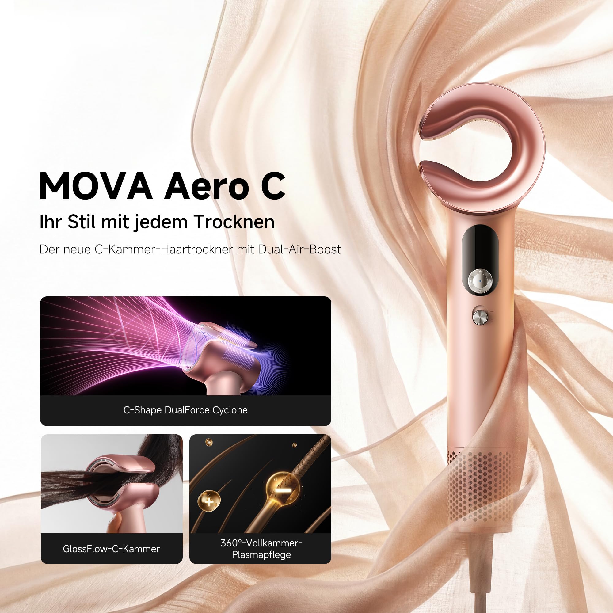 MOVA Aero C Hochgeschwindigkeits-Haartrockner | C-förmigem DualForce-Zyklon,GlossFlow C-Kammer, sanftem Wide-Flow-Trocknen, Dual-NTC, 360°-Plasmatechnologie,3-Düsen-Styling