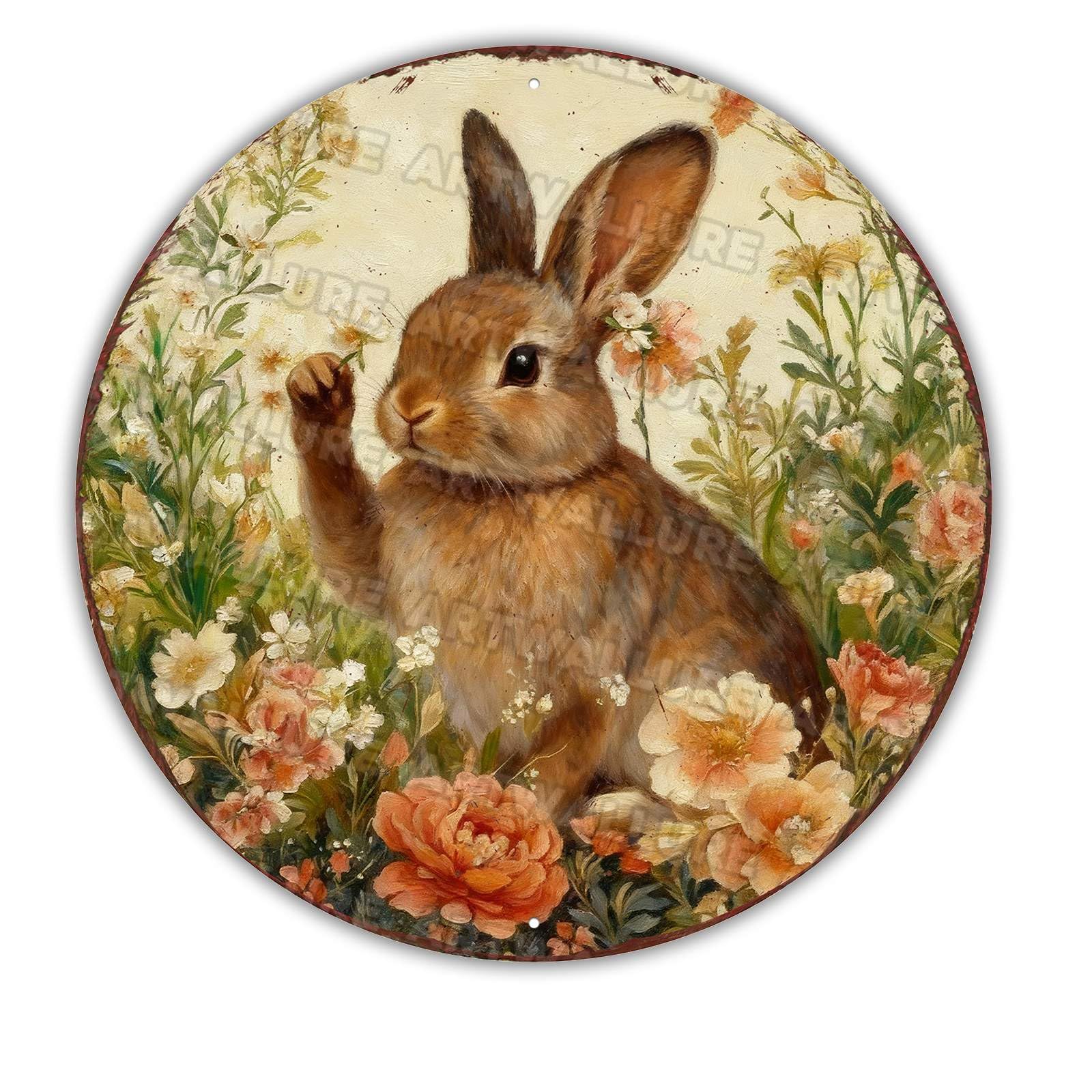 Easter Bunny Wreath Metal Sign Rustic Farmhouse Design Floral Spring Decor For Front Door Wall Art 12x12Inch