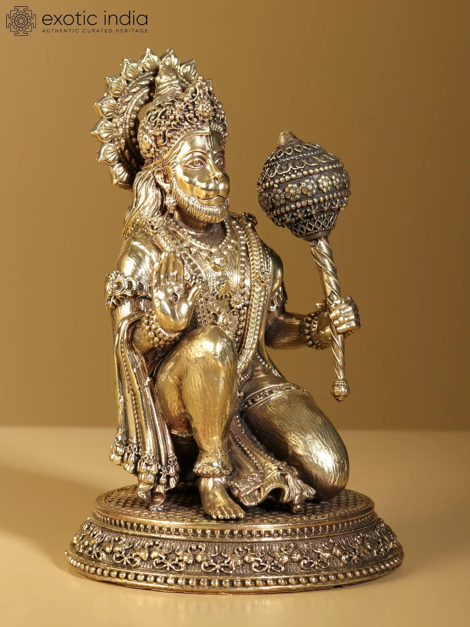Exotic India Superfine Blessing Lord Hanuman mosiężna statuetka | Bajrangbali Idol Murti Moorti statuetka do pokoju świątyni Puja, wystrój domu