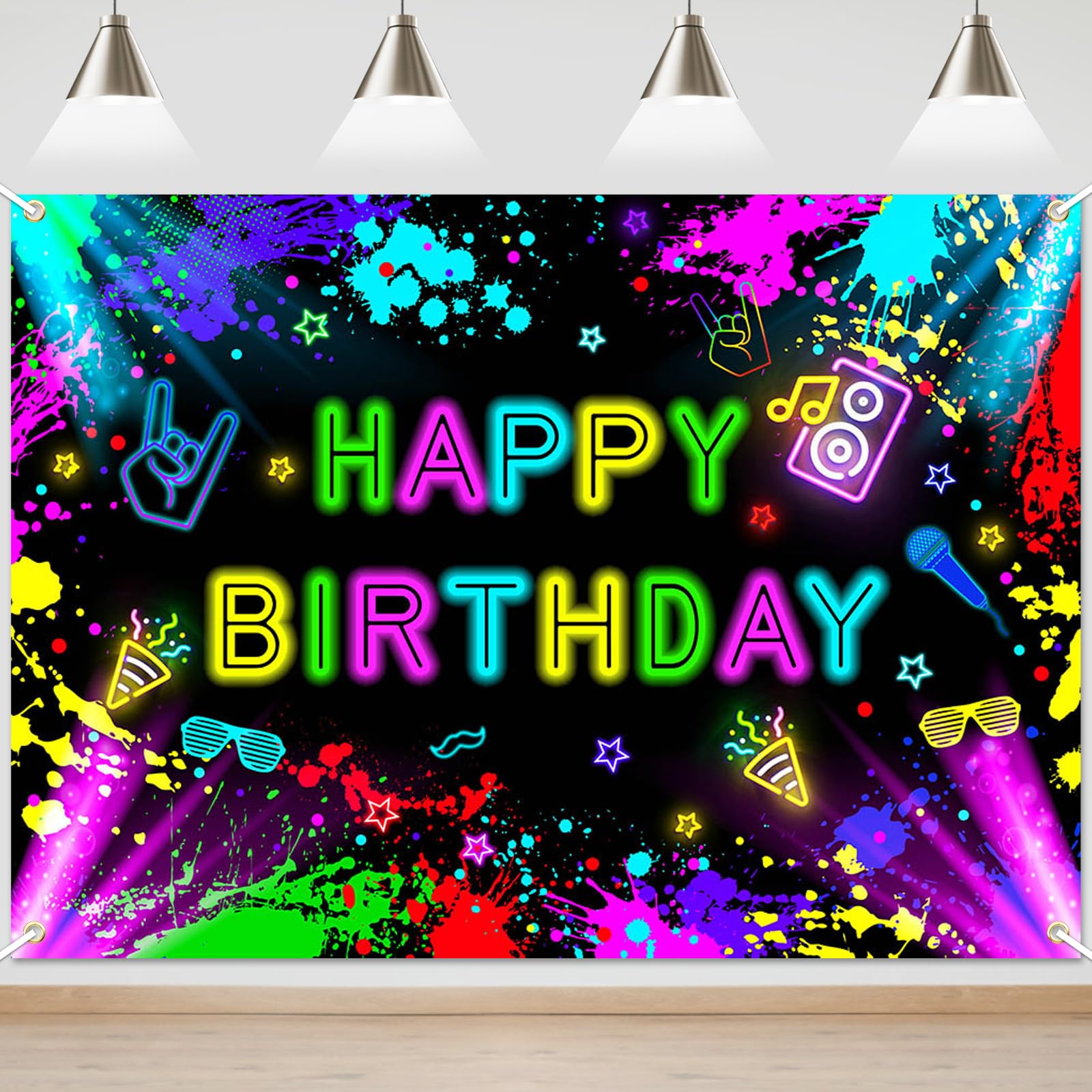 Lecheme Neon Birthday Backdrop 7x5 ft Glow in The Dark Banner Neon Birthday Party Decorations Glow Photography Background Photo Booth Props