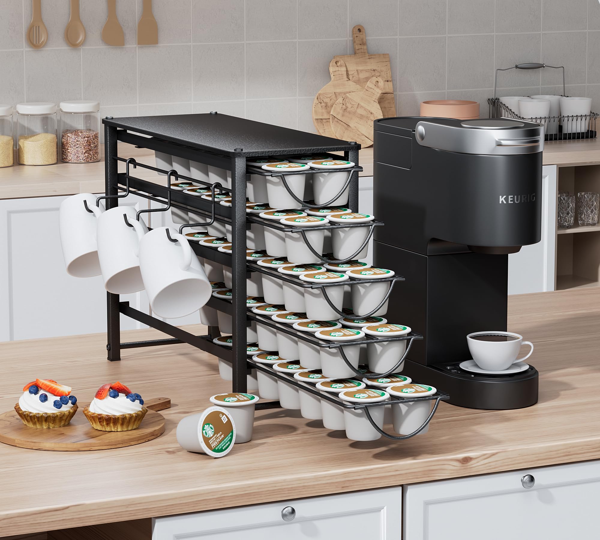 HFHOME Porta cialde da bancone, compatibile con K-Cups, cassetto in metallo a 5 ripiani, organizer per 70 cialde per bancone del caffè, casa, ufficio o cucina, rack per 3 tazze, nero