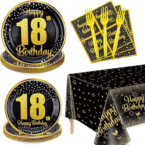 Miniatura 16 de Decoraciones de cumpleaños número 18 en negro y oro rosa para niños y niñas - 81 piezas de platos, servilletas, mantel de 18, tenedores para