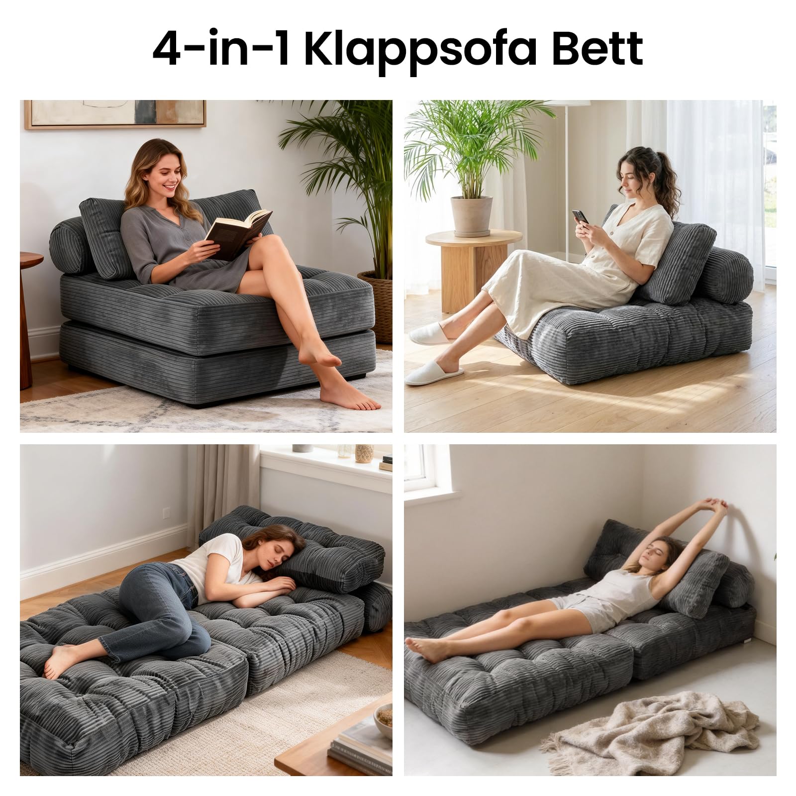Klappbares Schlafsofa, 4-in-1-Wandelstuhlbett und Sitzsackcouch, platzsparendes Gästebett für kleine Wohnungen, Studentenwohnheime, Wohnzimmer und Schlafzimmer, keine Montage erforderlich (Grau)