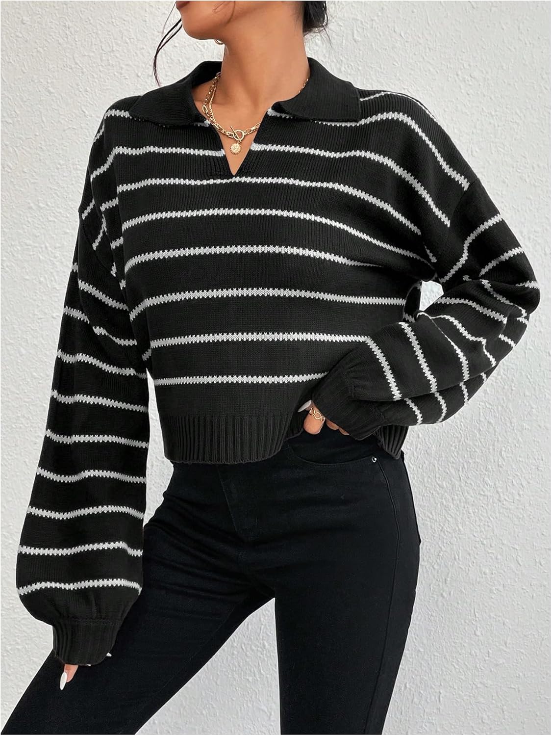 OYOANGLE Women's Striped Knit Sweaters Lapel V Neck Long Sleeve Crop Pullover Jumper Tops - Image 5