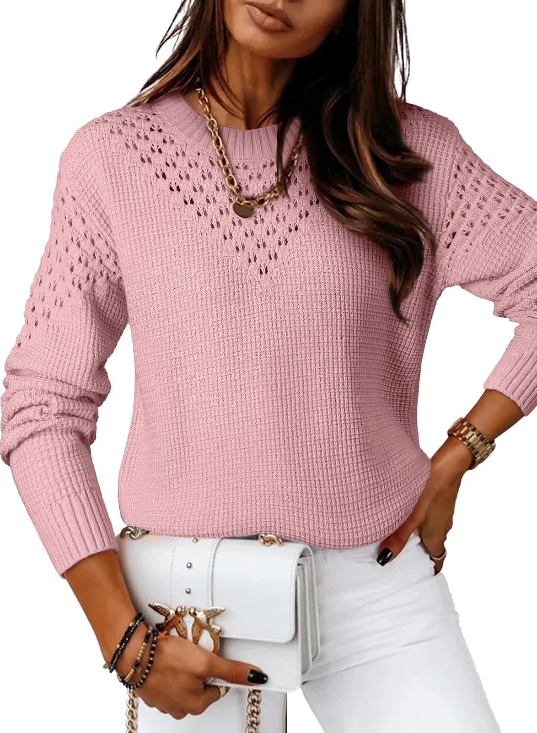 Sidefeel Womens Pullover Sweaters Crewneck Long Sleeve Hollow Out Crochet Tops