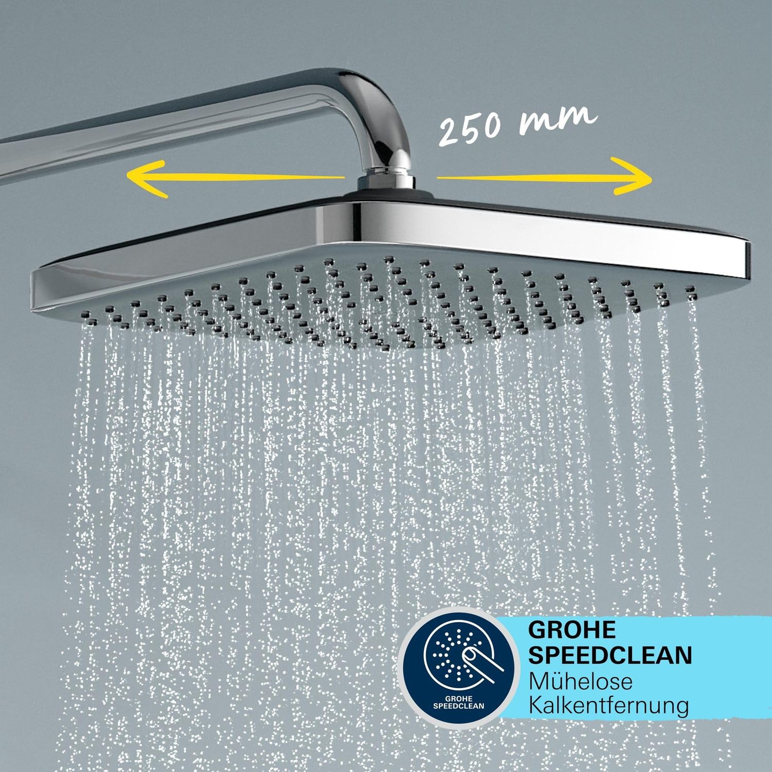 GROHE Vitalio 250, Duschsystem wassersparend 8l pro Min (Regendusche mit Thermostat, schwenkbare Kopfbrause, Sicherheitssperre bei 38C°, Duscharmatur mit Antikalk-System), eckig, chrom, 26696001
