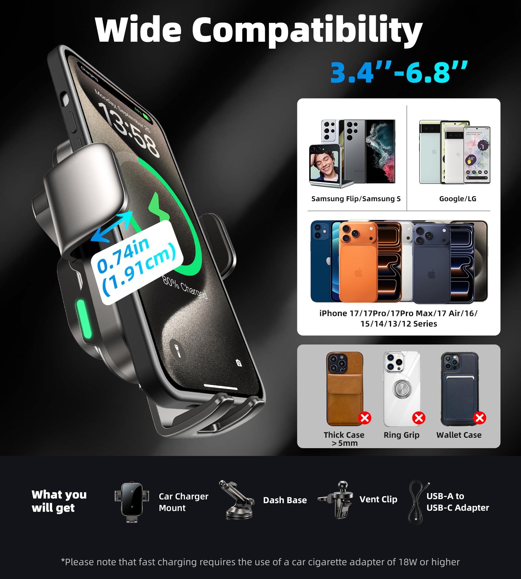 Caricatore Wireless,15W Supporto per Telefono Auto con Ricarica Wireless,Caricabatterie Da Senza Fili,Doppia Bobina,Supporto Di Ricarica Per Auto Per Samsung Galaxy,i-Phone Series (X6)