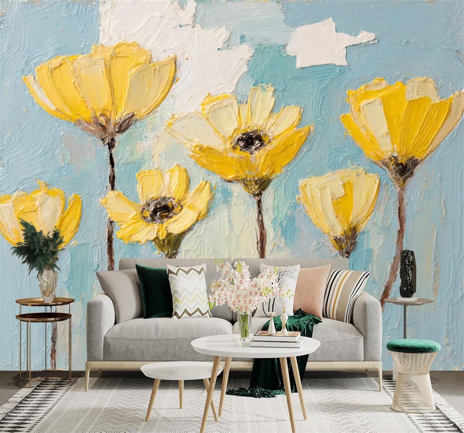 XLMING Yellow Flowers Abstract Blue Texture Art 3D Wallpaper Silky Texture Home Study Office Grey Dining Room Sofa Bedroom Living Room TV Backdrop-300cm×210cm