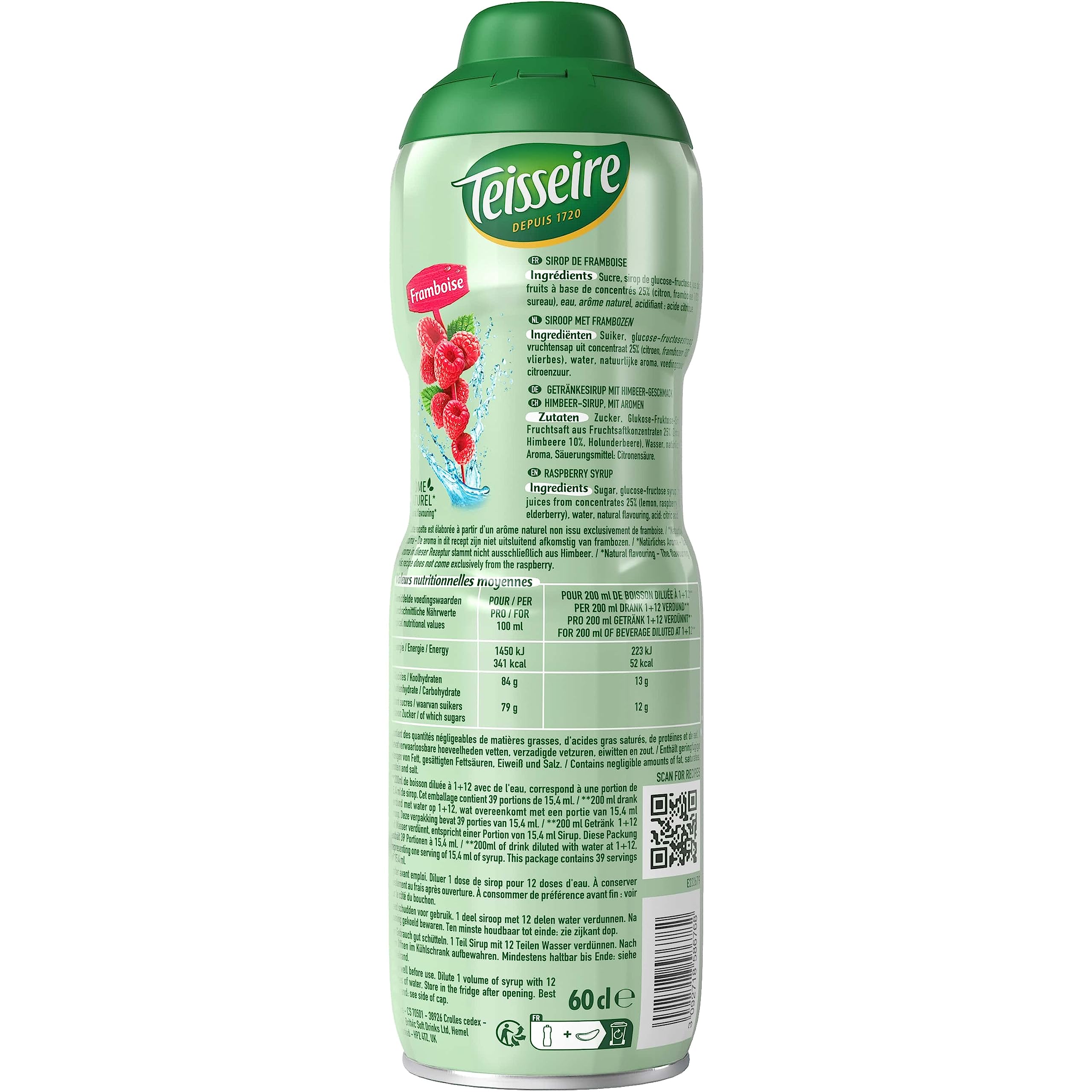 Teisseire Sirop de Framboise pour Boisson Rafraîchissante, Cocktails, Bidon Recyclable 6x60cl