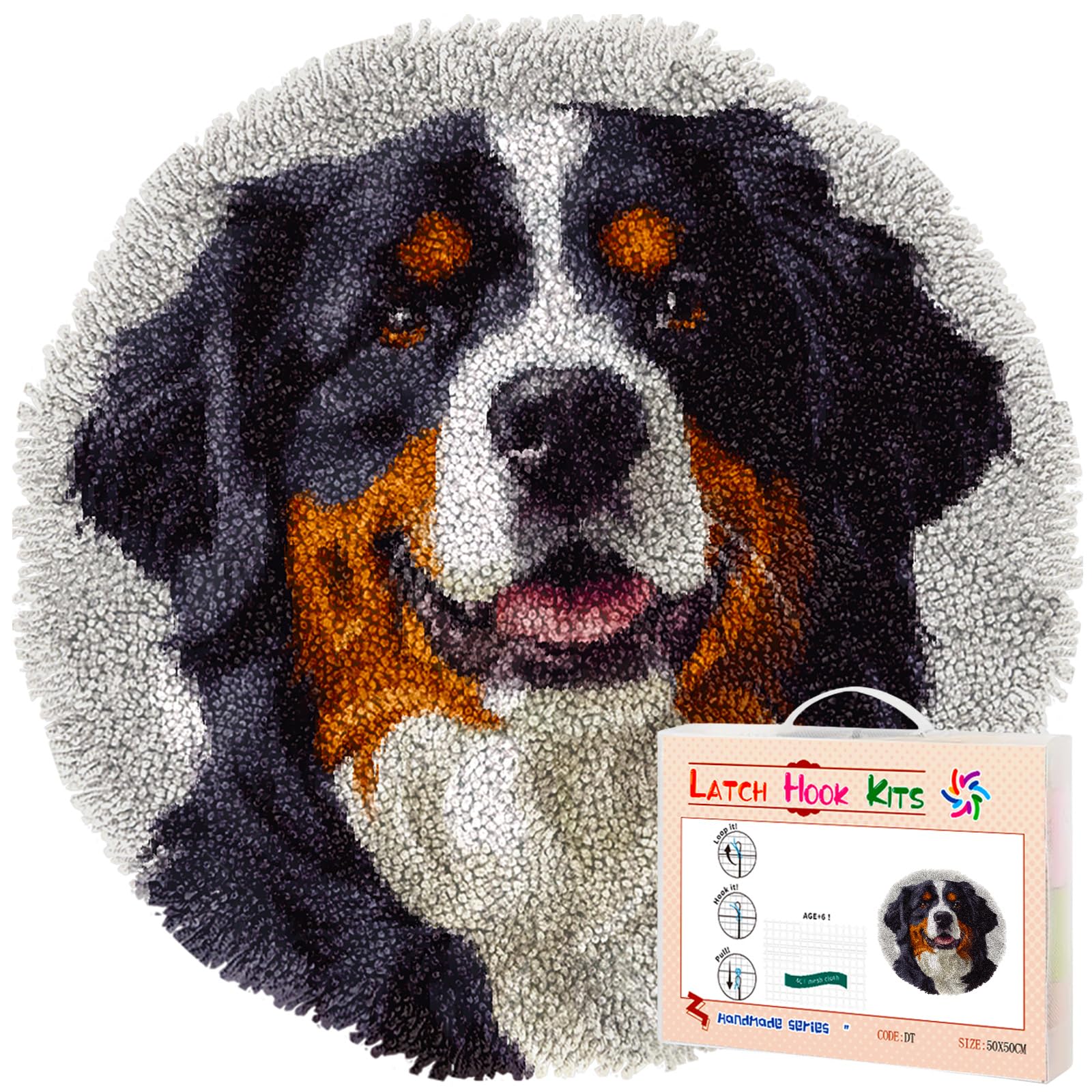 Latch Hook Rug Kit Bernese Mountain Dog Stamped Handmade Round Shape Carpet Crochet Yarn Craft DIY Hook and Latch Door Mat Tapestry for Christmas Home Floor Decor 50x50cm(1)