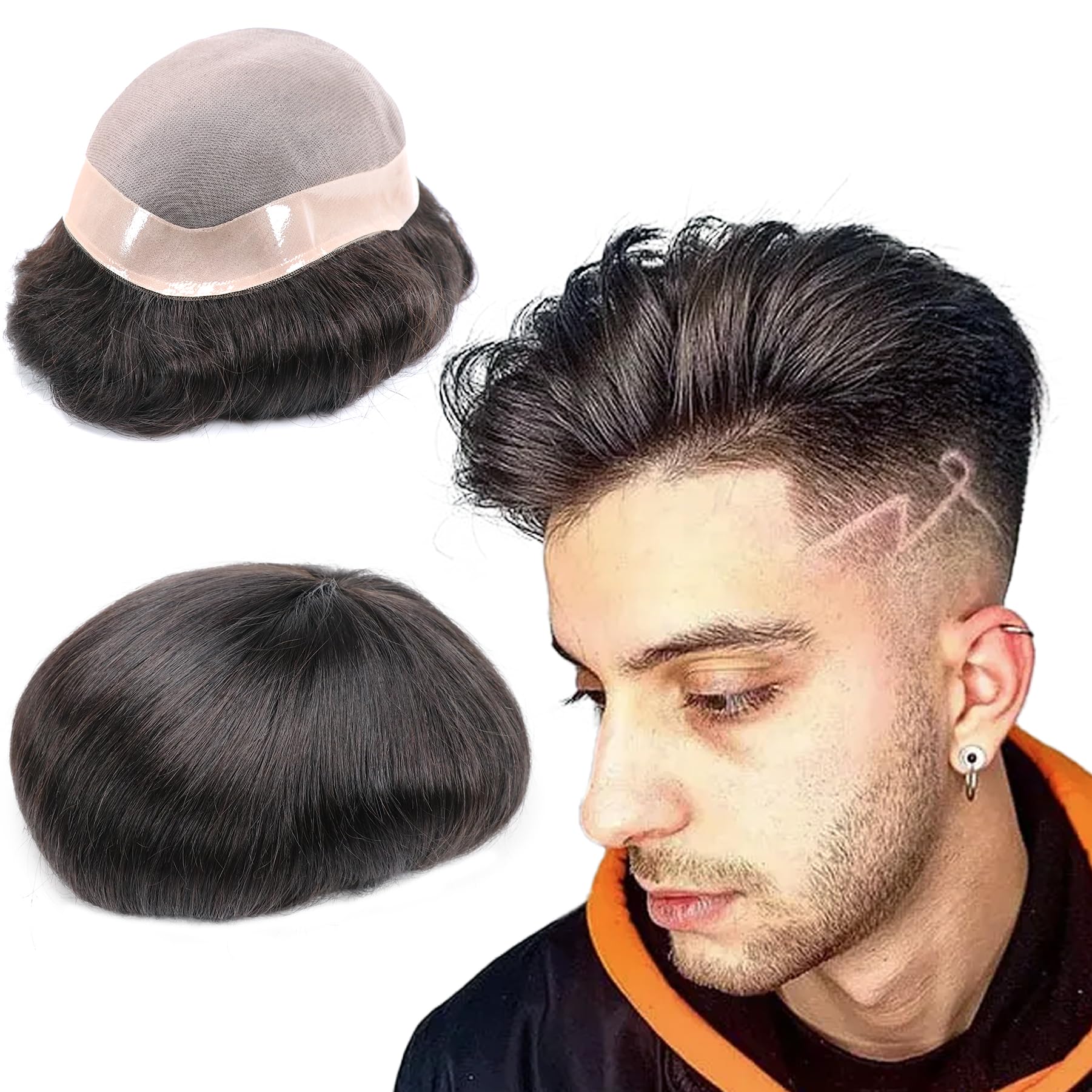 lumeng Hair Pieces and Wigs Human Hair Men Toupee Mono Lace With Npu Around Lace Systems Size 7x9 Inch 6''Length 1B …