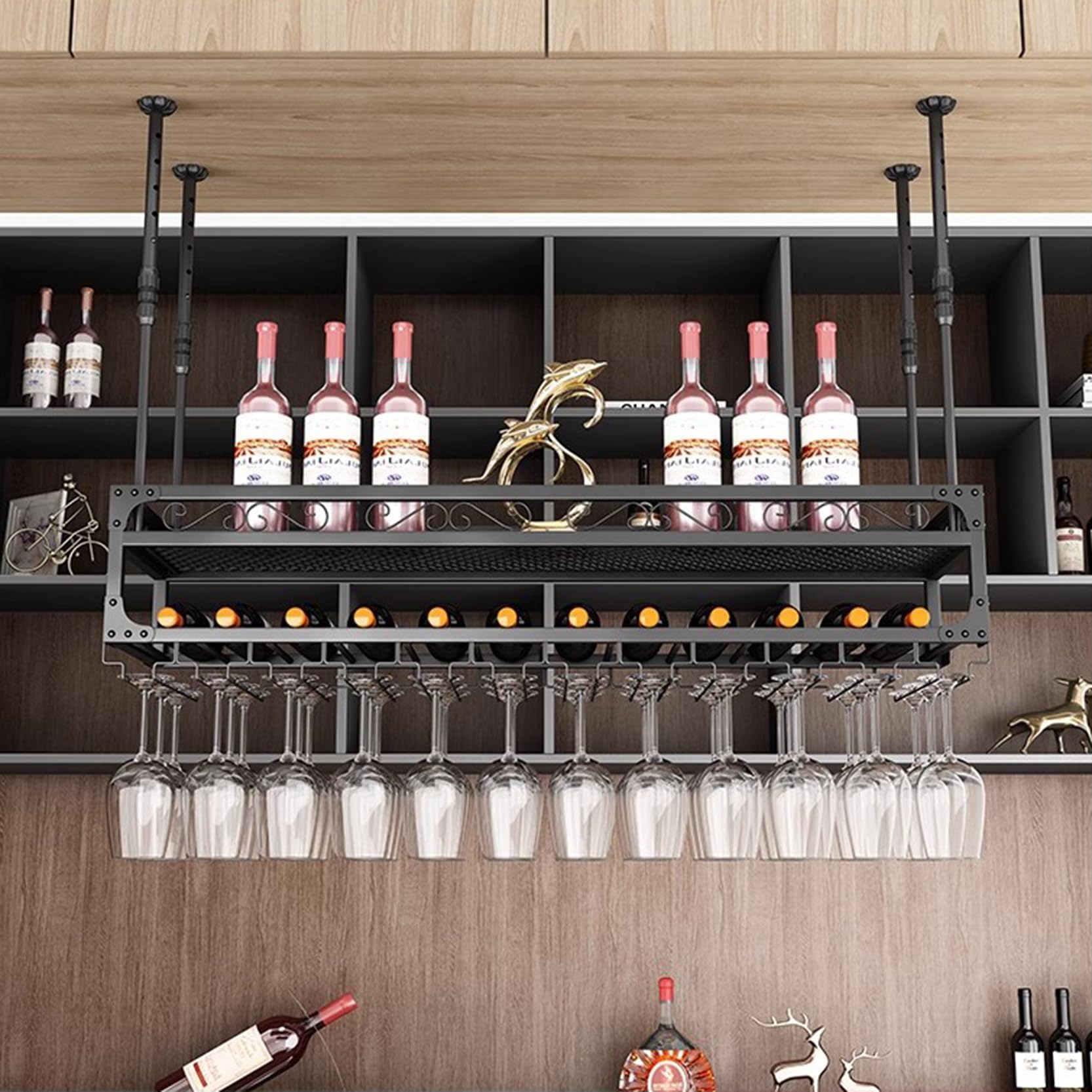 Étagères flottantes pour bar suspendues au plafond avec étagère à vin inversée en métal