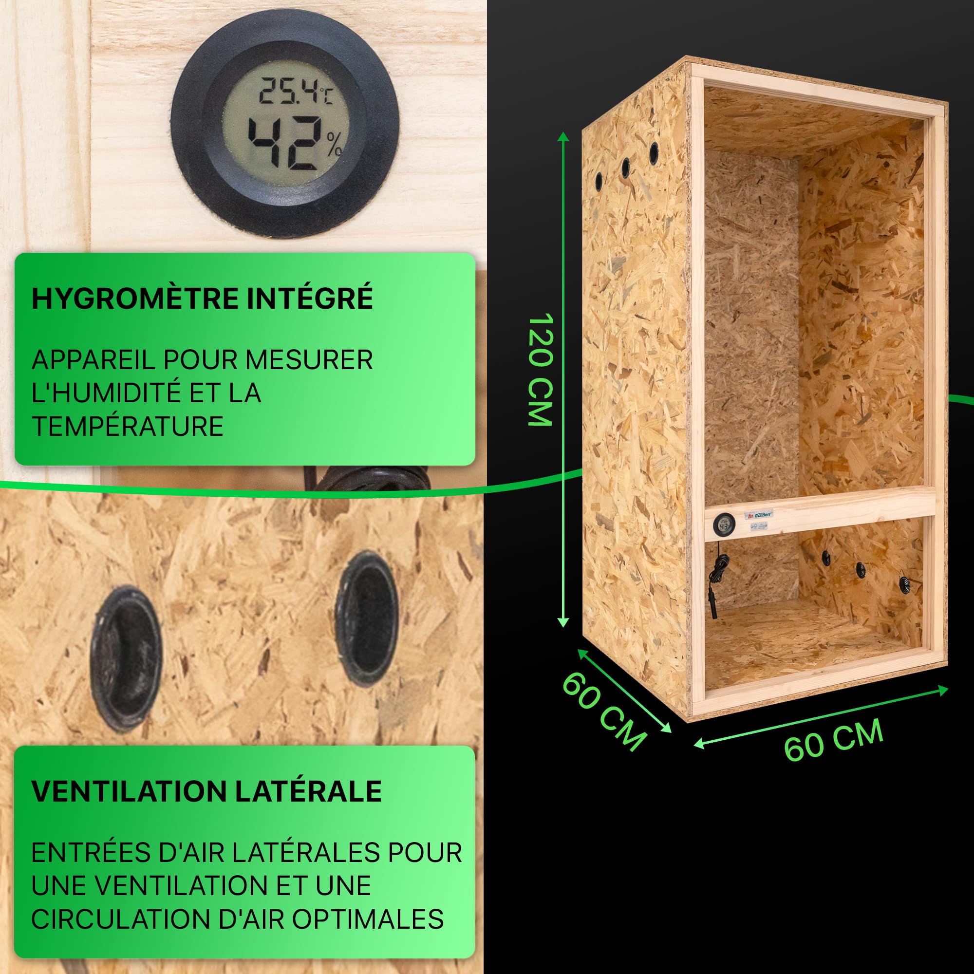 ITA Terrarium Haut 60x120x60 cm avec Ventilation latérale & hygromètre intégré - Terrarium en Bois OSB-3 - pour Reptiles, Serpents, Amphibiens - Produit UE, certifié FSC