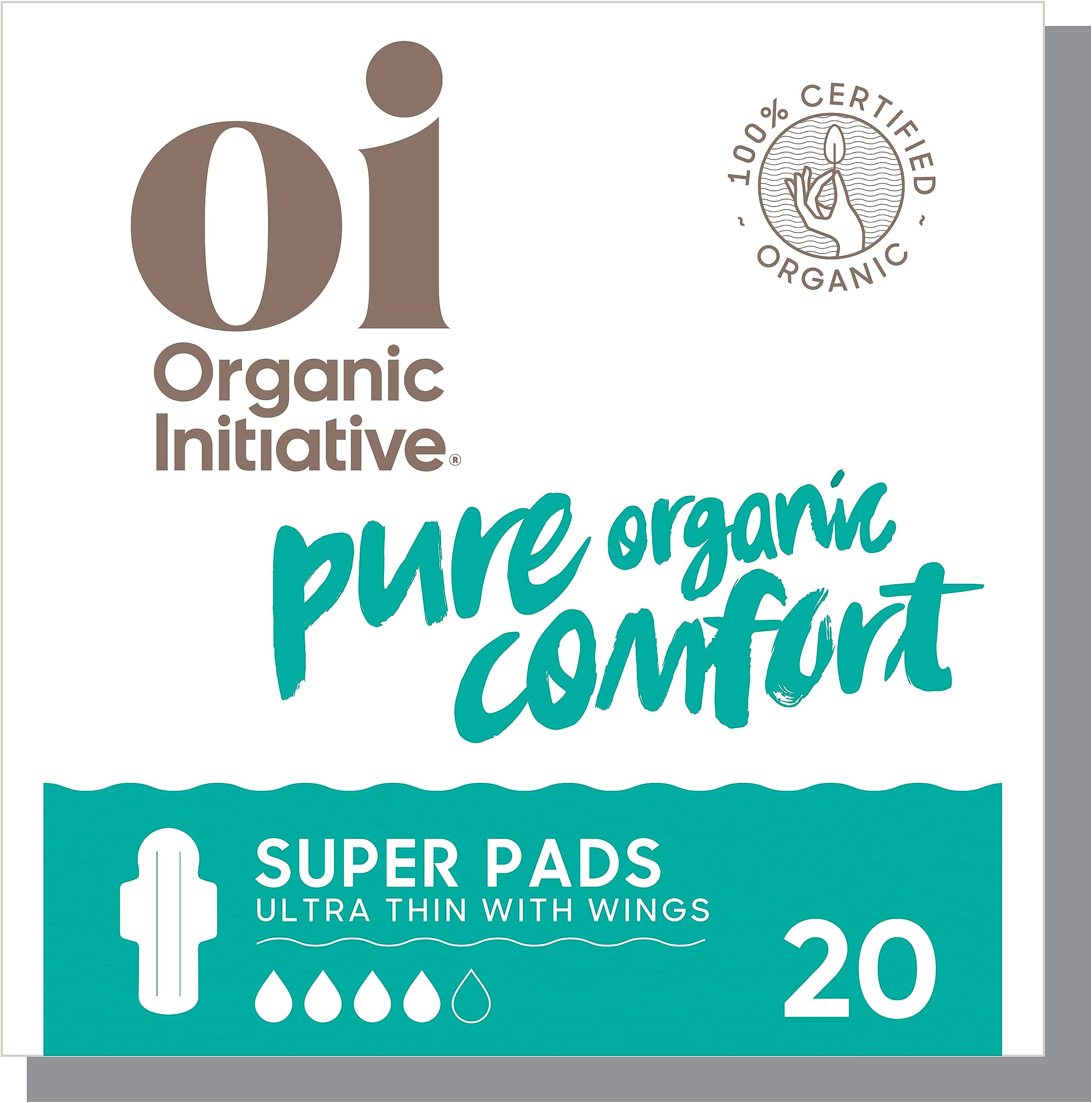 Oi | Organic Initiative - Ultra-Thin Pads with Wings | Super | 100% Certified Organic Cotton, Unscented | Leak Free, Biodegradable | Non-GMO, Toxin Free | 20 PadsGlobal Organic Textile StandardGlobal Organic Textile StandardGlobal Organic Textile StandardGlobal Organic Textile Standard