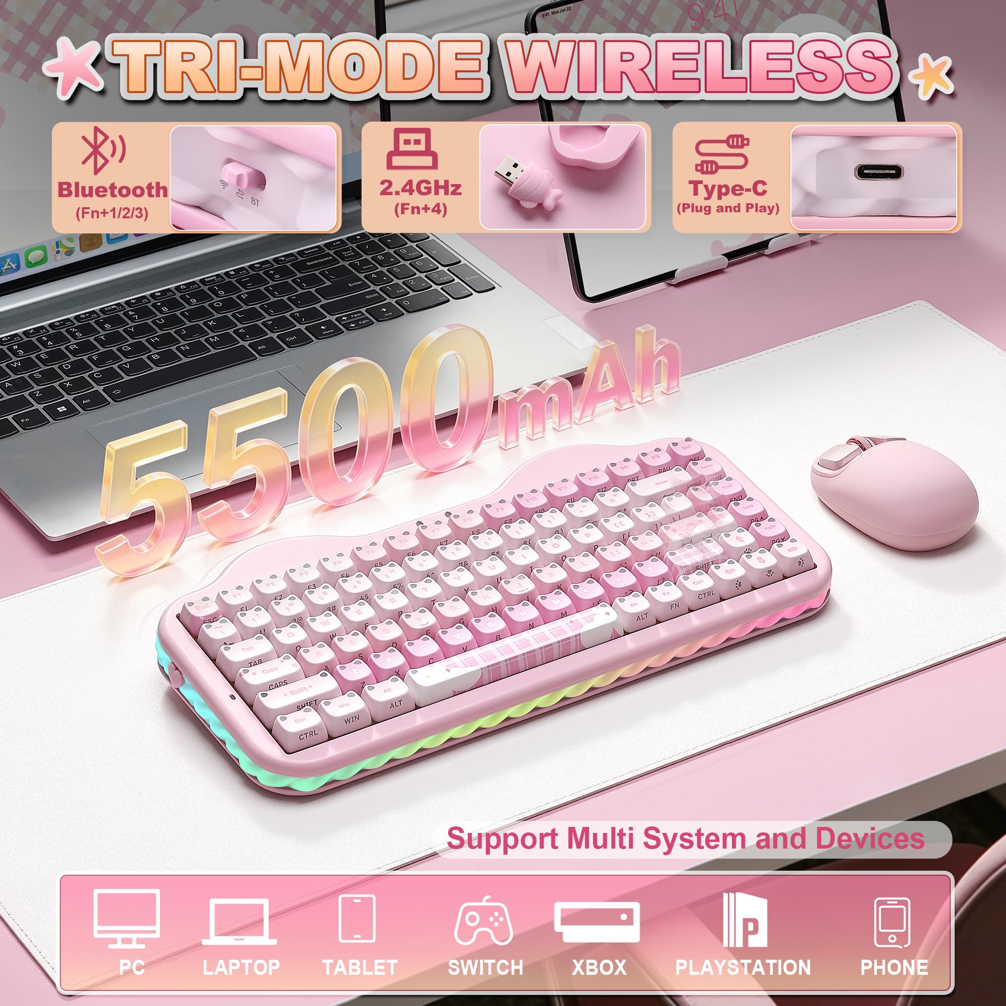 YUNZII C75 Teclado Mecánico Inalámbrico Diseño Pastel (Pink, Candy)