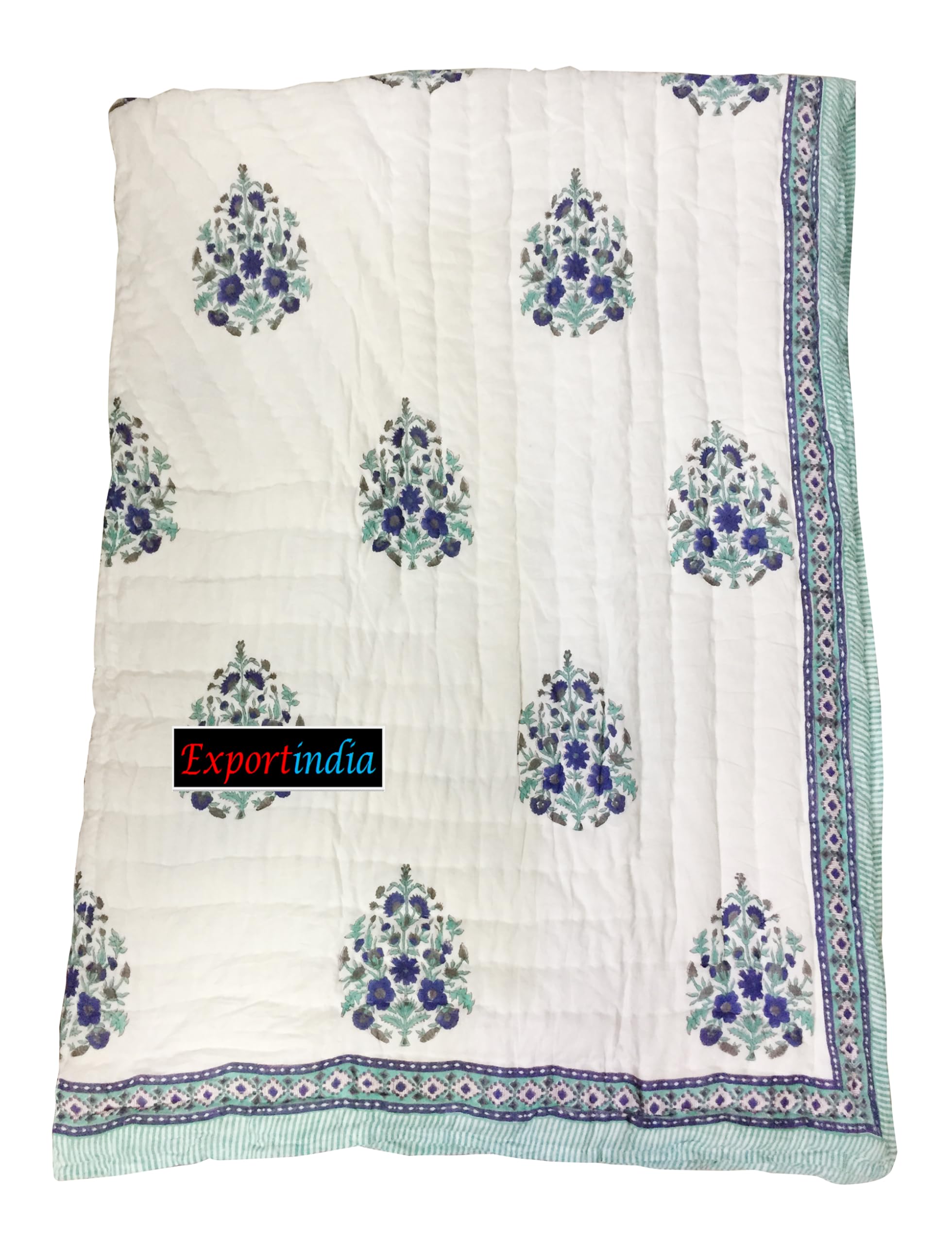 Exportindia Hand Block Printed Quilt Cotton Jaipuri Razai Indian Sanganeri Printed Rajai Handmade Kantha Coverlet Quilt (King/Queen Size 90x108 Inch)