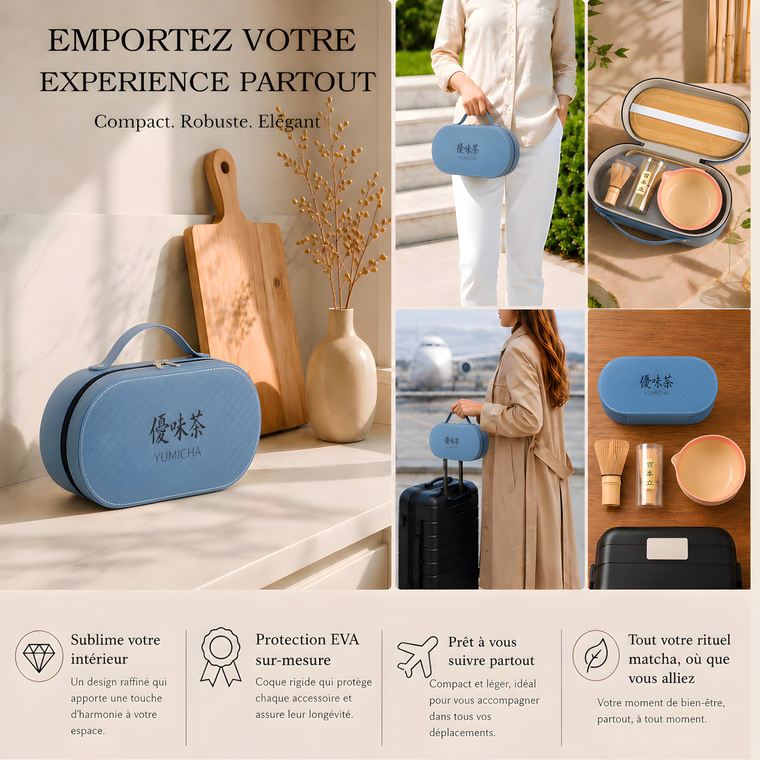YŪMICHA KIT Matcha Japonais 7 Pièces - Coffret Cérémonie avec Mallette de Transport & Plateau en Bois - Thé Matcha – Fouet (Chasen) Bol en Céramique (Chawan), Set Matcha – Idée Cadeau Premium