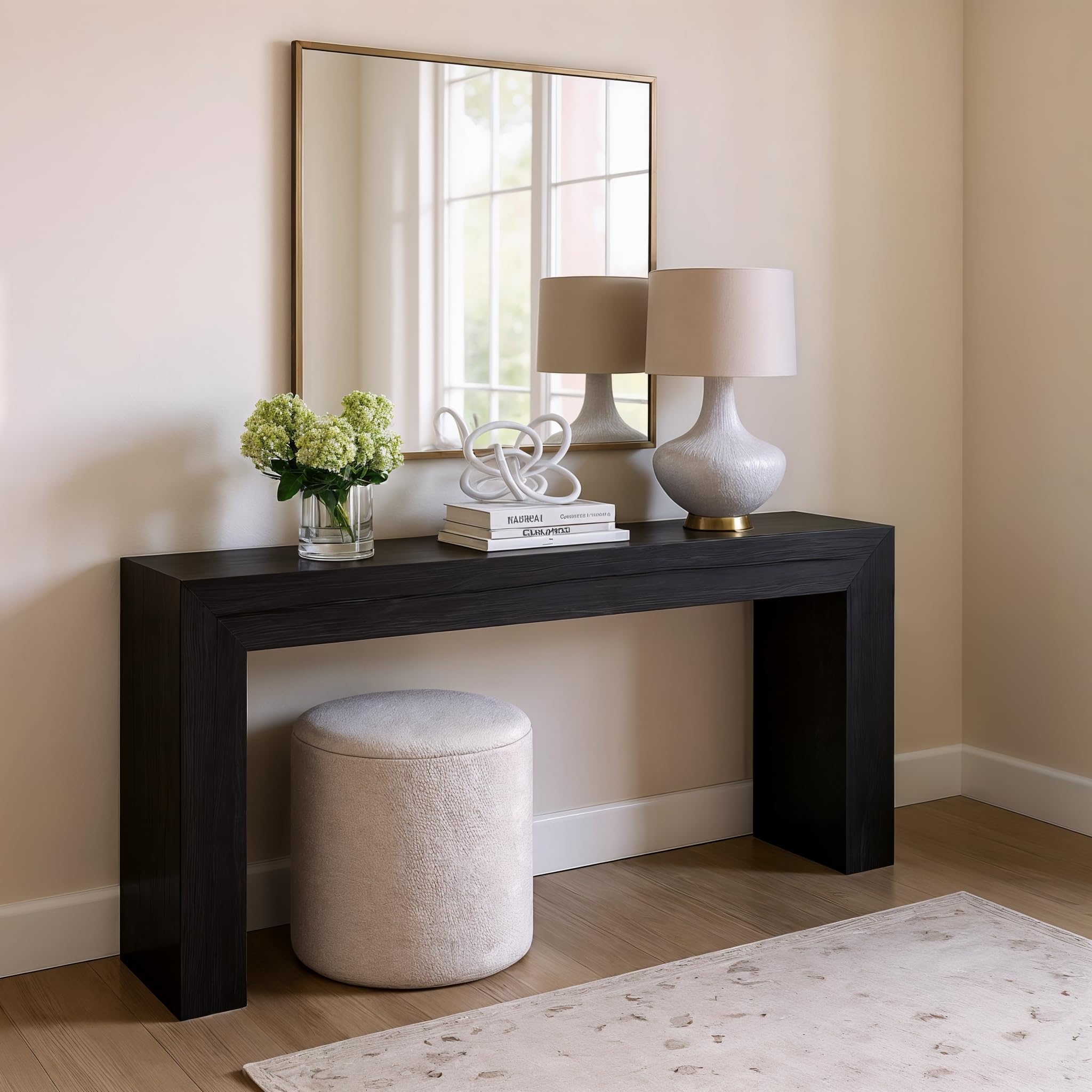 Plank+BeamGrand Console Table, 66 Inch Modern Solid Wood Sofa Table, Narrow Entryway Table for Hallway, Behind The Couch, Living Room, Foyer, Black Wirebrush