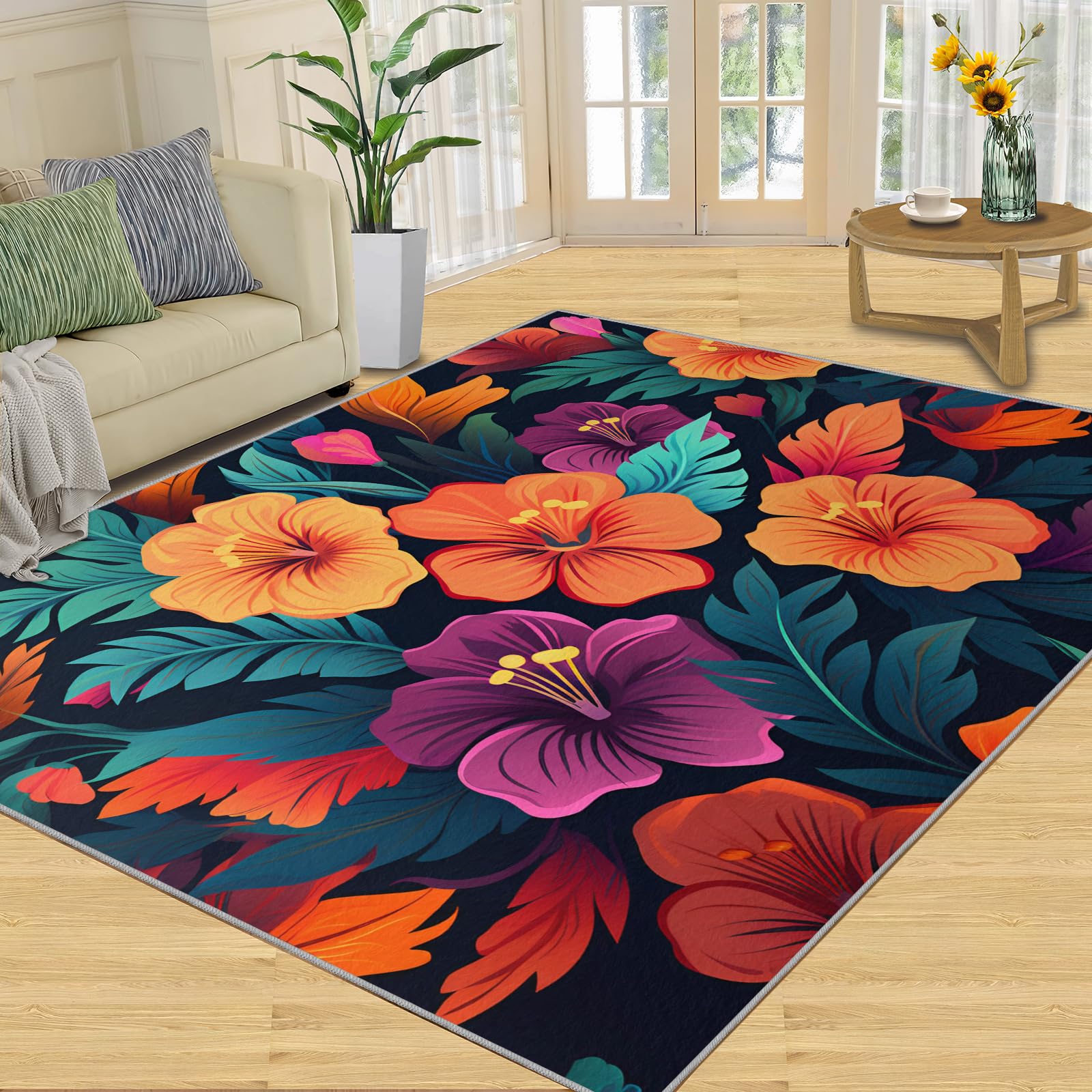 HYGIUID Vibrant Exotic Floral Area Rugs for Living Room - 160 x 200 cm Modern Botanicals Floor Carpet, Boho Flowers Bedroom Carpets Soft Non-slip for Nursery Office Indoor Decor