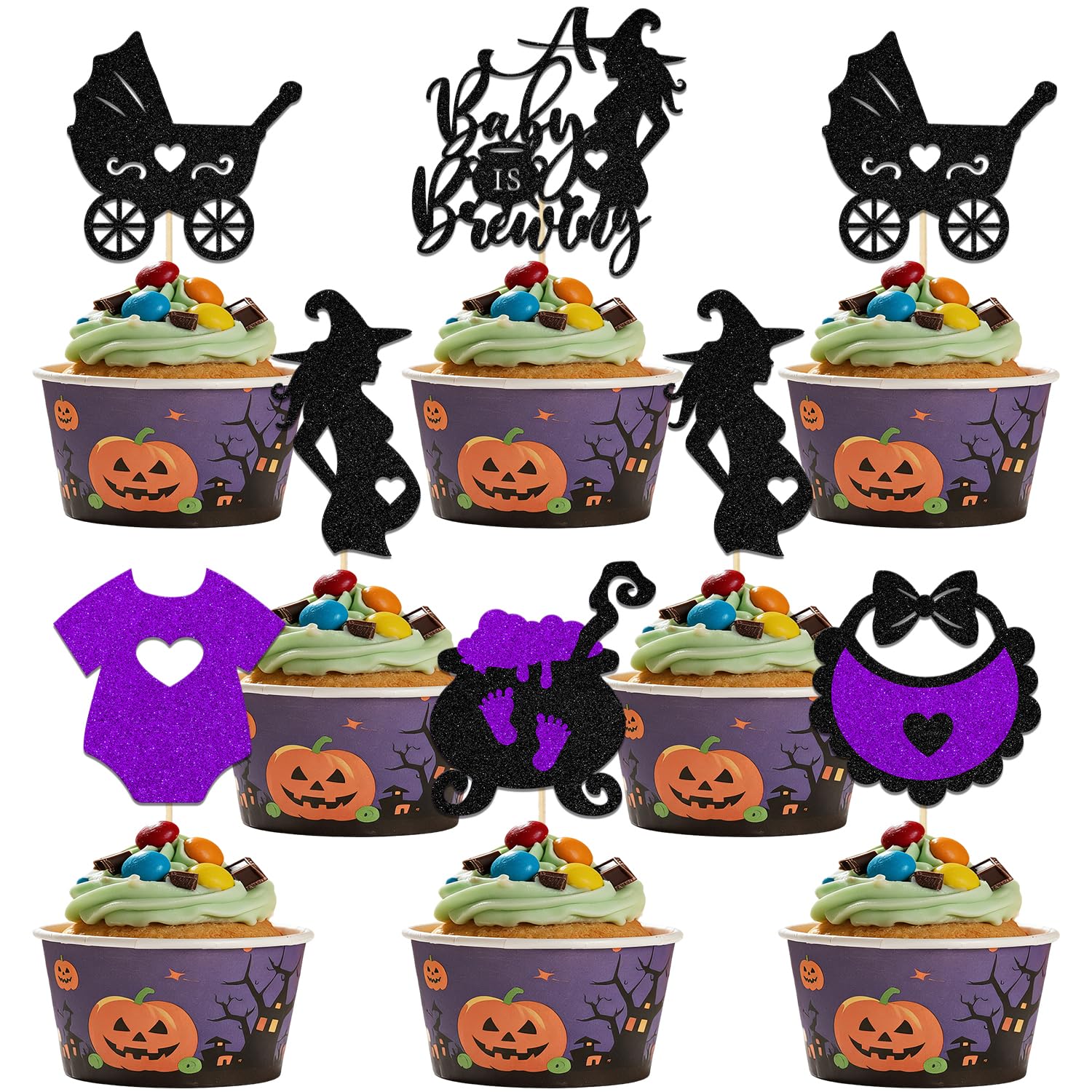 24Pcs Halloween Gender Reveal Decoration - A Baby Is Brewing Cupcake Topper Purple Black Glitter