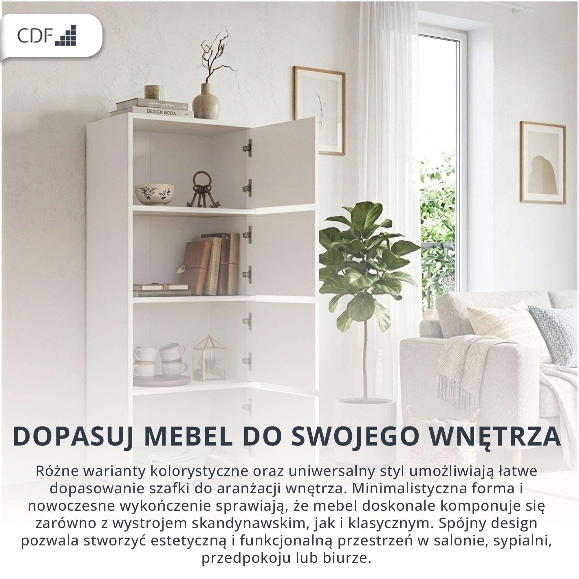 CDF Komoda Wysoka Szafka 4 Drzwi 50cm Półki Salon Sypialnia Przedpokój Biuro Korytarz Garderoba Wejście Gabinet Kredens Szafa Schowek Przechowywanie Wielofunkcyjna Kuchnia Spiżarnia Bez Uchwytów Biała