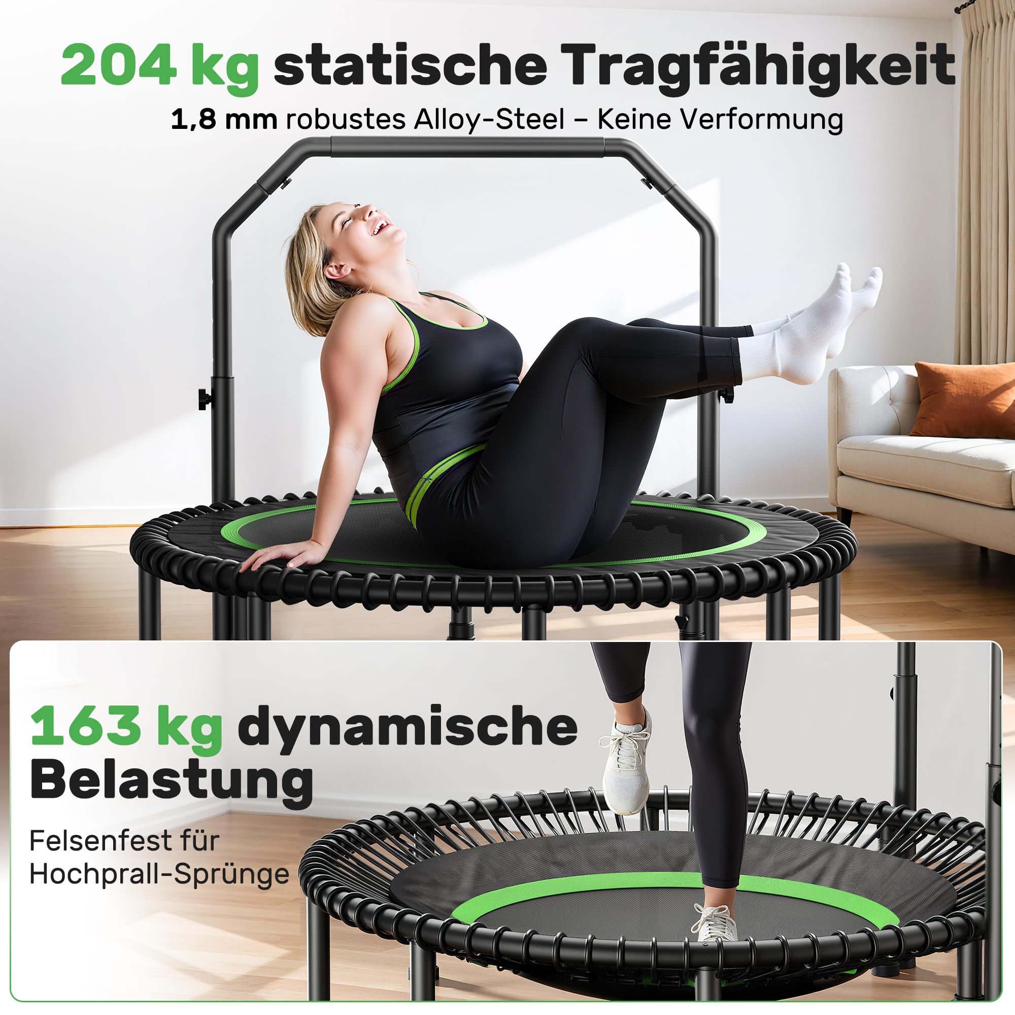 BCAN Rebounder-Trampolin für Erwachsene,102/122cm,204/250kg Belastbarkeit,mit Bungee-Seilen,verstellbarem Griff,stabil,leise,für drinnen und draußen,Ganzkörpertraining,Entspannung zu Hause