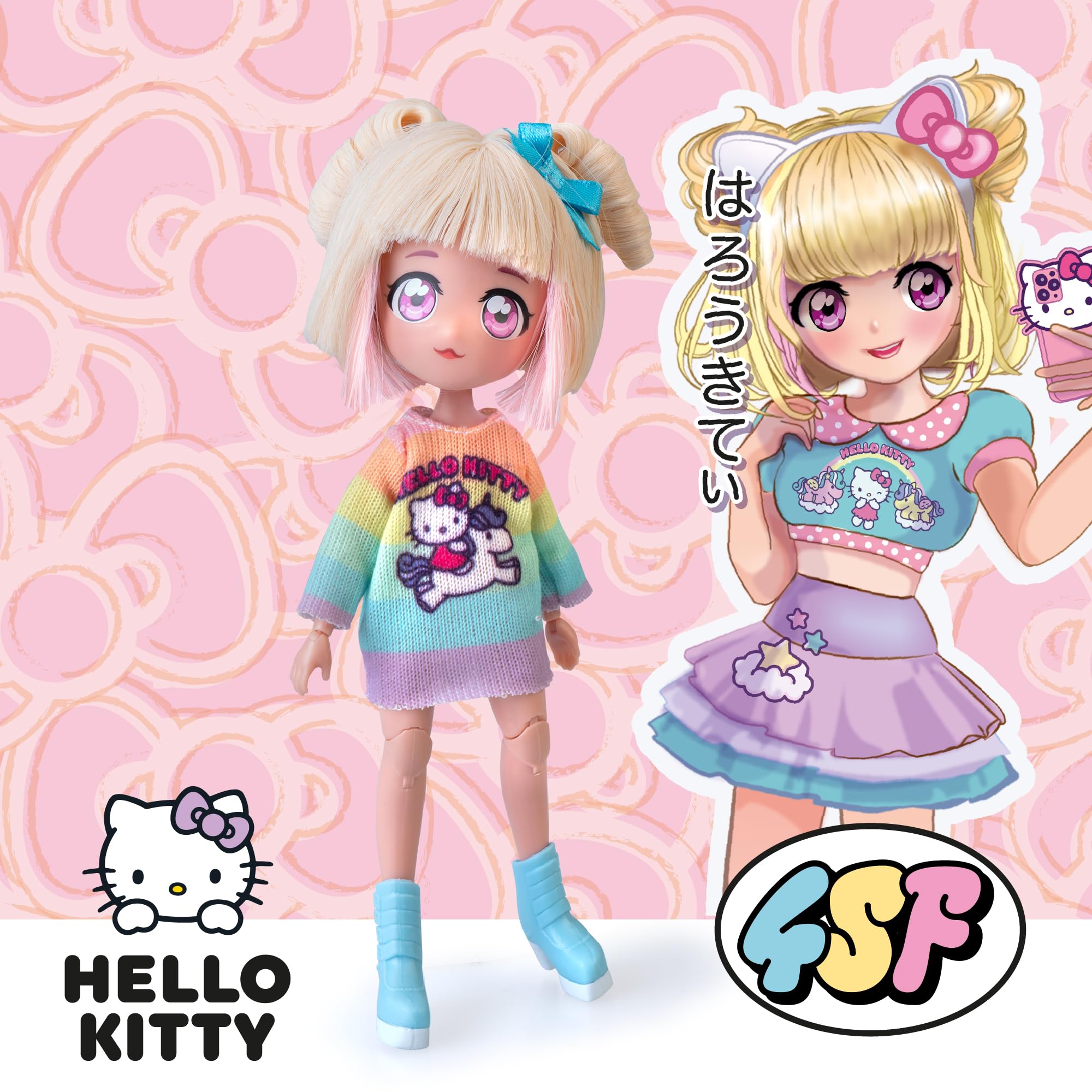 4SF - Hello Kitty Manga Fashion Unicorns, Muñeca Fashion Japonesa, Figura de 19,5 cm con 15 Puntos de Articulación, Incluye Falda Ra-Ra, Calentadores y Diadema con Orejas, Famosa (HKTF2000)