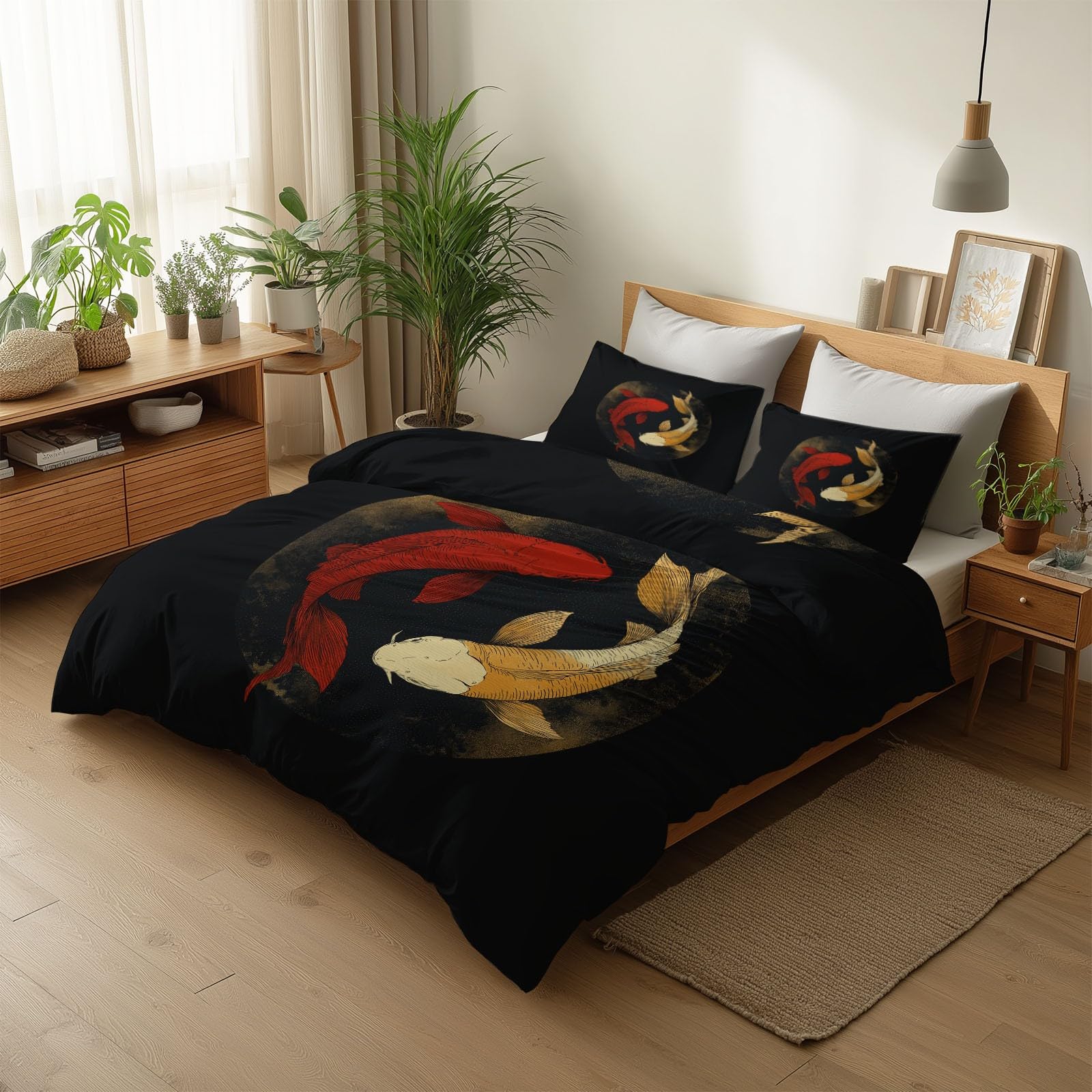 Poszwa na kołdrę 105 cm Obraz Atramentowy Ryby Koi Yin-Yang, Czarna miękka mikrofibra Zestaw pościeli Poszwa na kołdrę 200 x 200 cm i 2 x poszewki na poduszki 50 x 75 cm