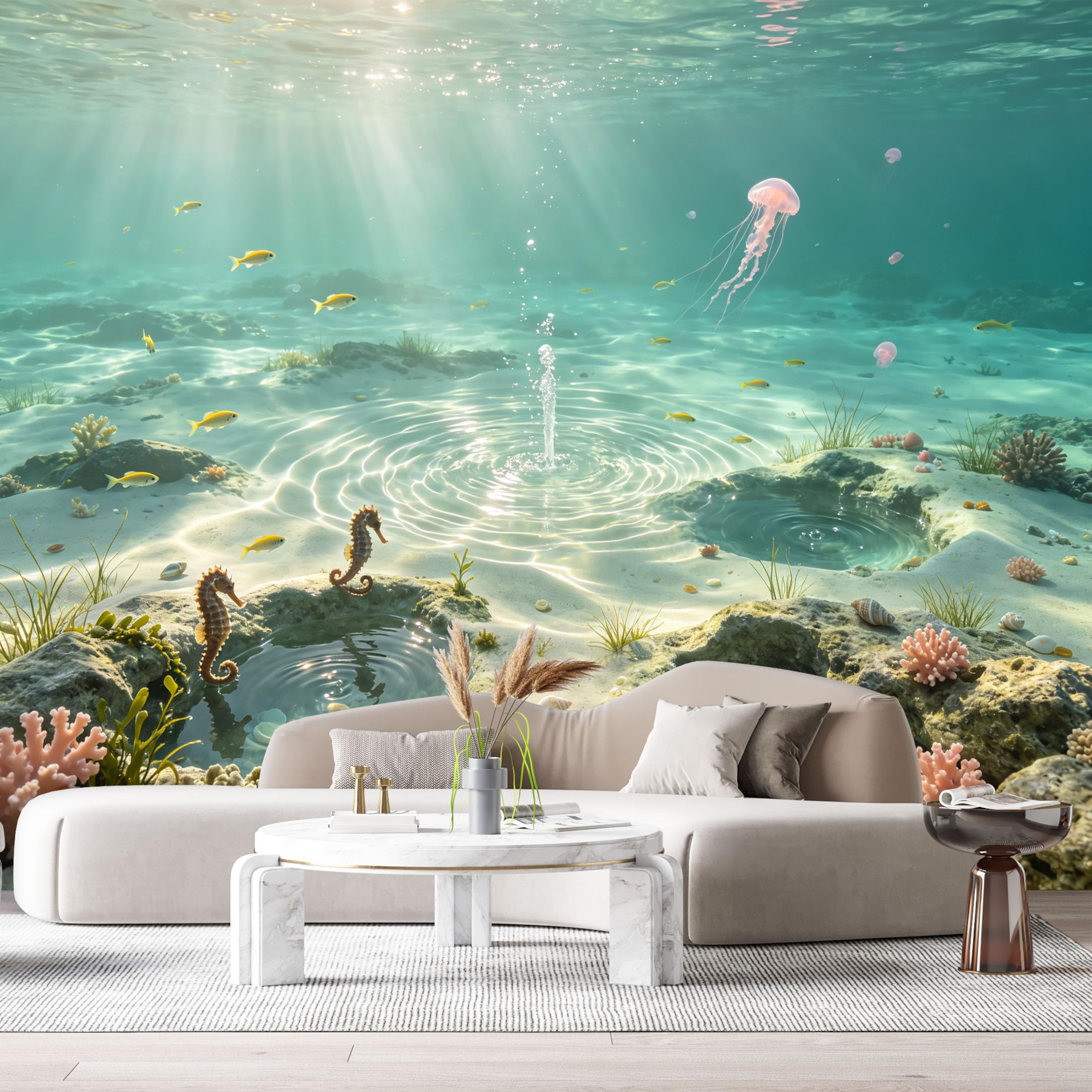 Custom Size Wall Murals Ocean Marine 3D Underwater Jellyfish Seahorse Coral Reef SelfAdhesiveWall Fabric Removable Wallpaper Wall Decor for Living Room Bedroom Bathroom