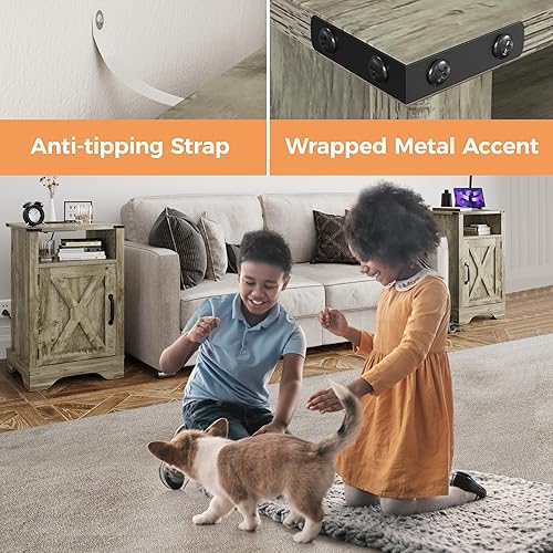 Miniatura 9 de Mesita de noche de granja con estación de carga, mesa auxiliar rústica de madera para dormitorio, sala de estar, 16 pulgadas de profundidad x 16